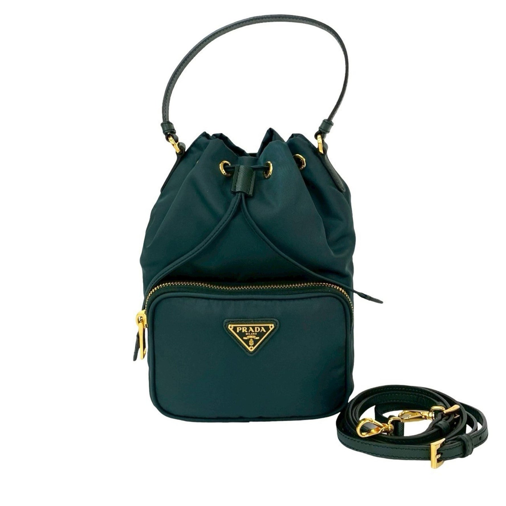 PRADA Duet Triangle Logo Hardware Nylon Saffiano Leather Drawstring Handbag/Shoulder Bag