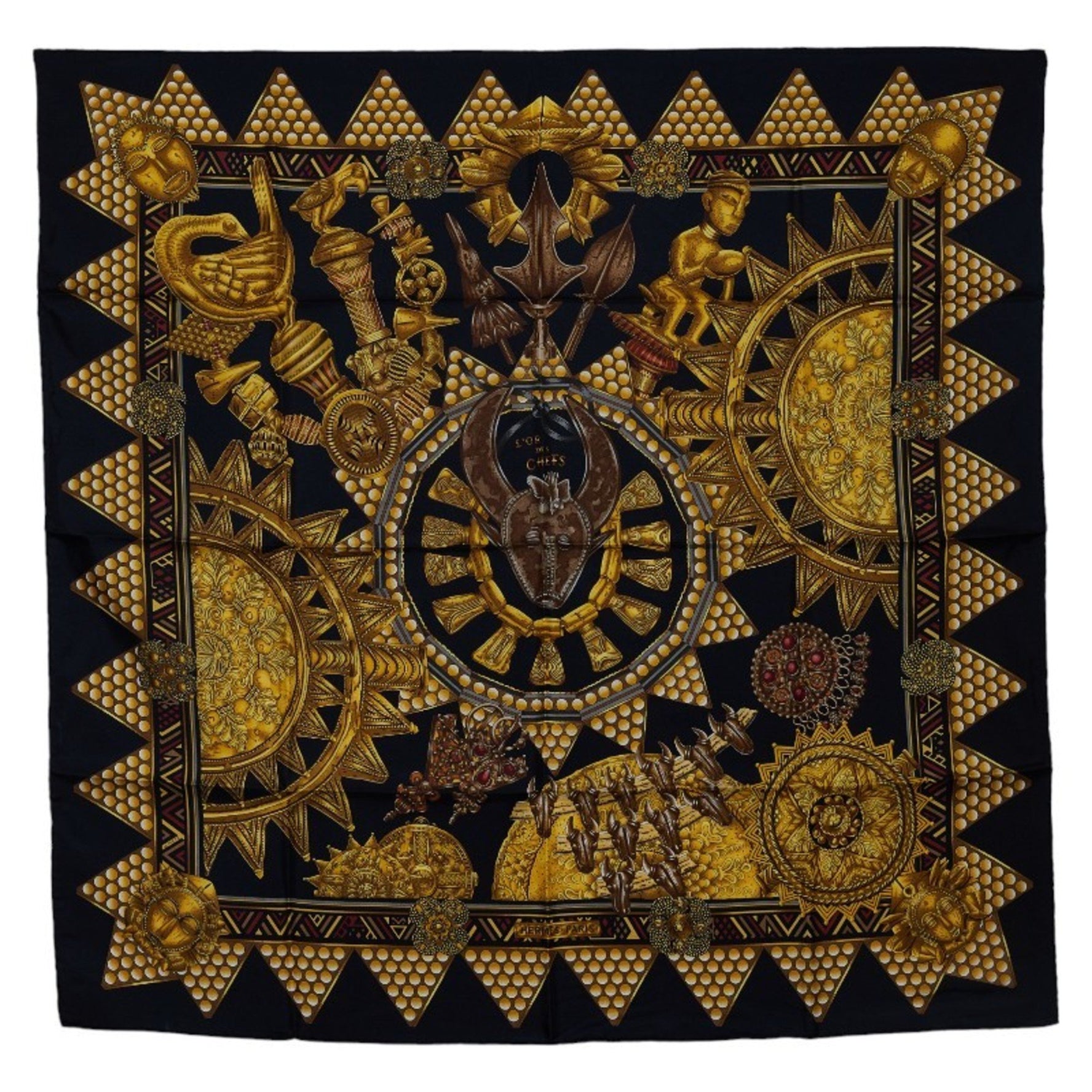 Hermes Carré 90 LOR DES CHEFS Gold of the Chefs Scarf Muffler Black Silk Women's HERMES