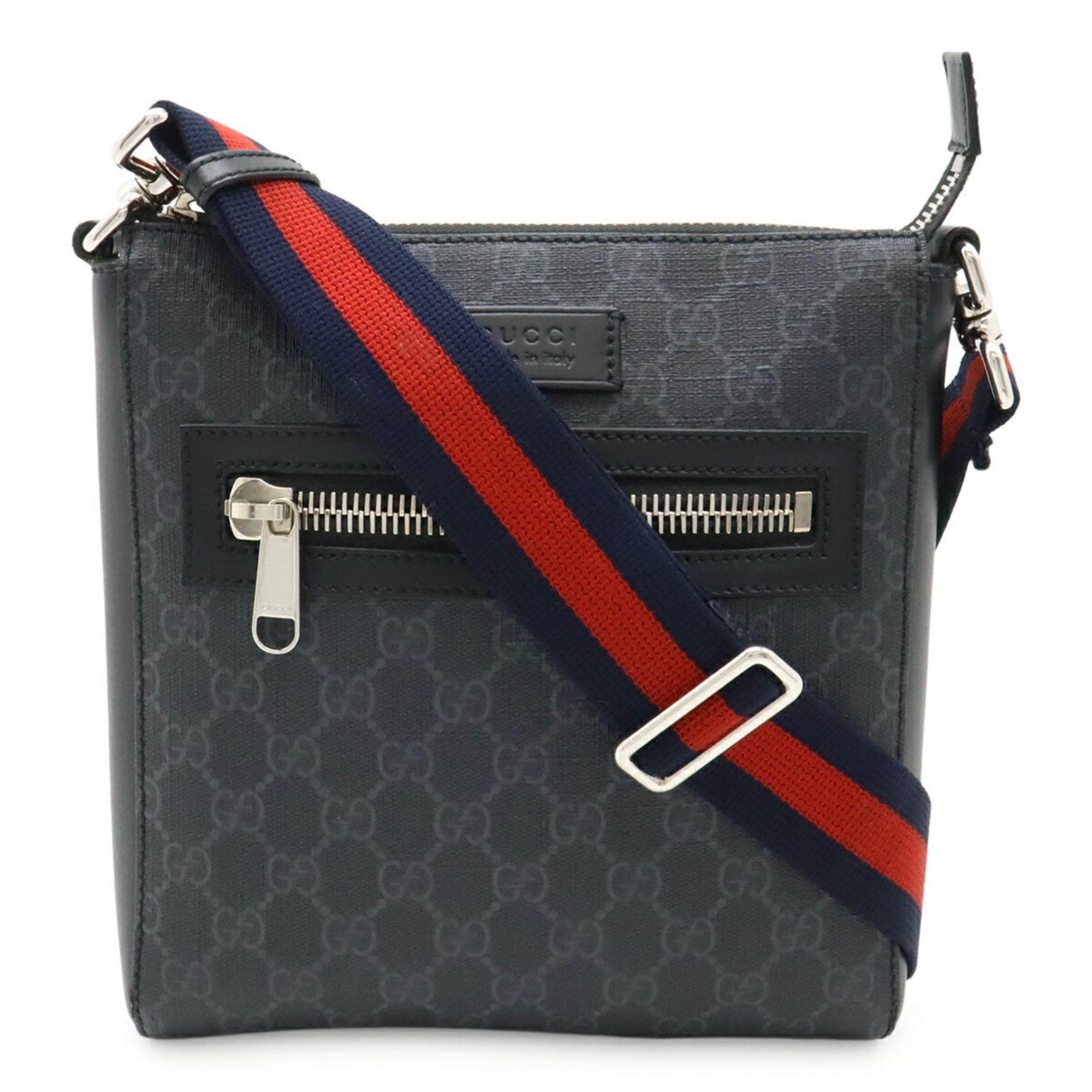 GUCCI GG Supreme Web Line Small Shoulder Bag in PVC and Leather, Gray Black