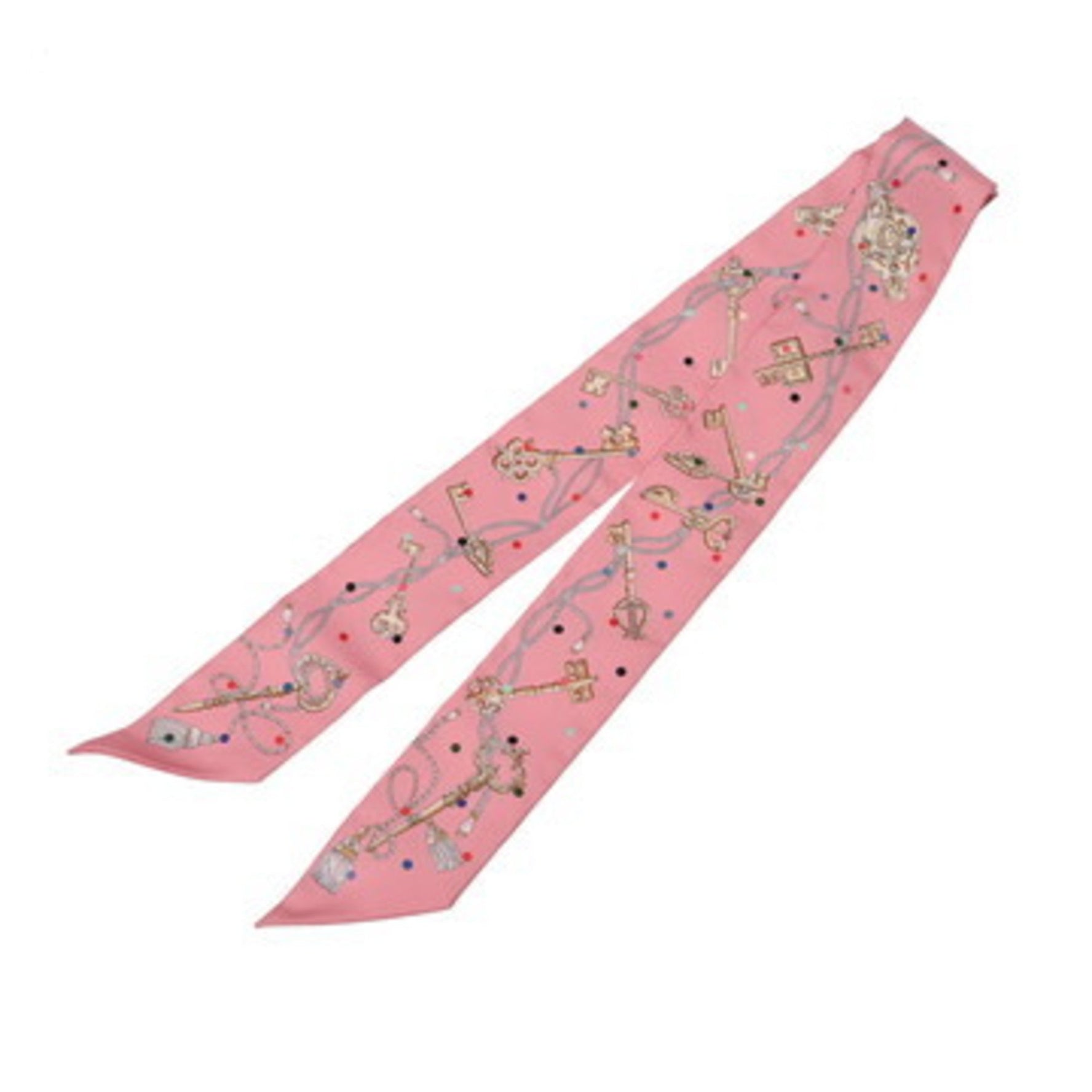 HERMES Twilly LES CLES POIS Rose 100% Silk Scarf Muffler Like New