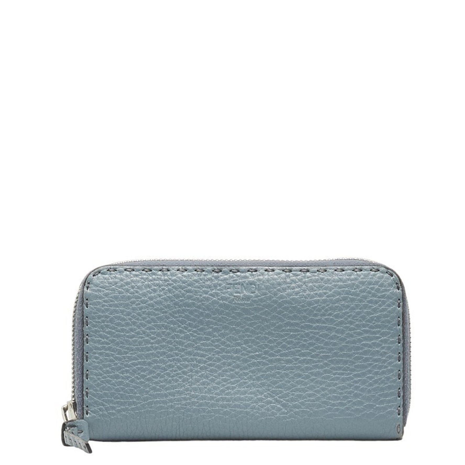 FENDI Selleria Round Long Wallet Blue Grey Leather