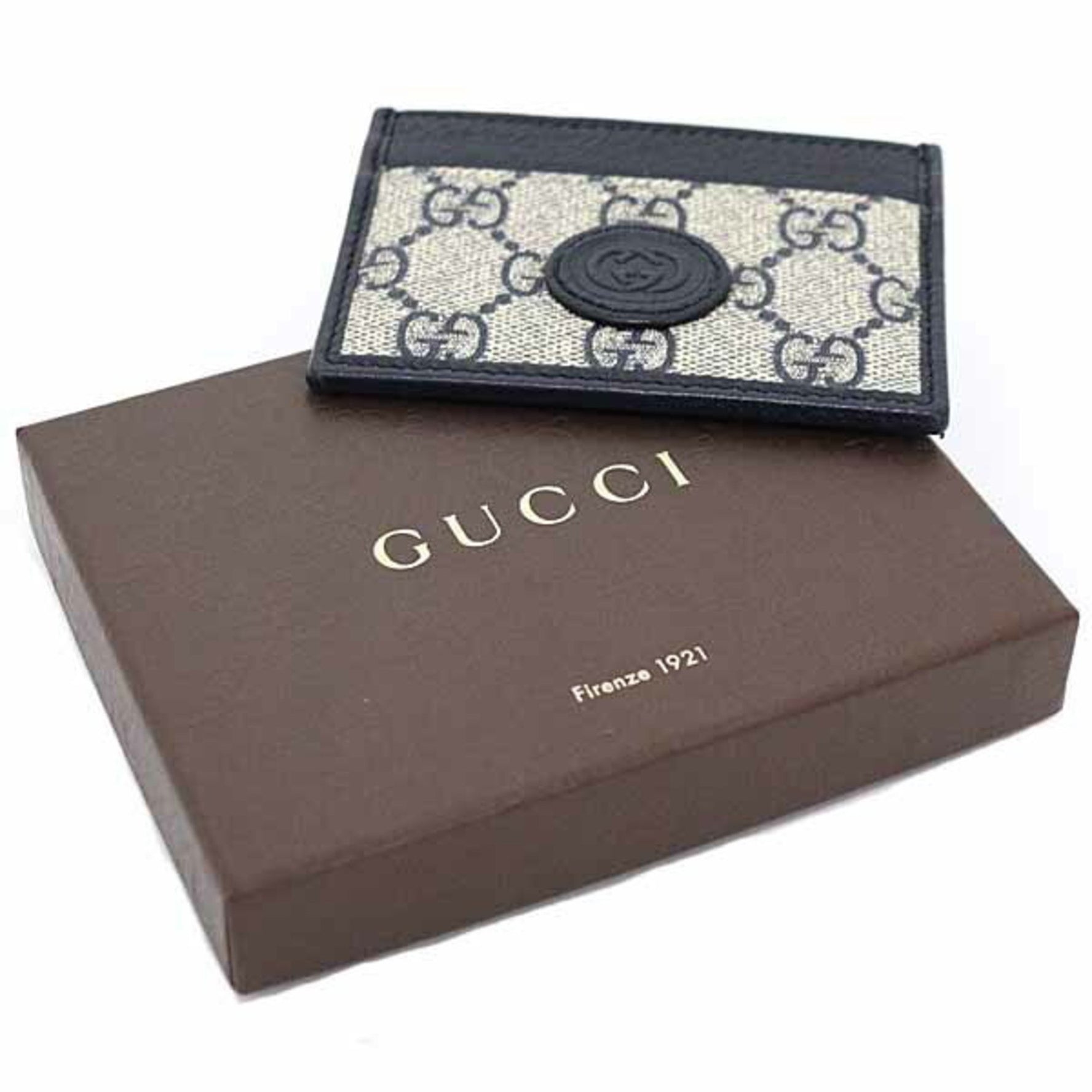 Gucci Interlocking G Card Case Business Holder GG Supreme Canvas Beige Navy Unused