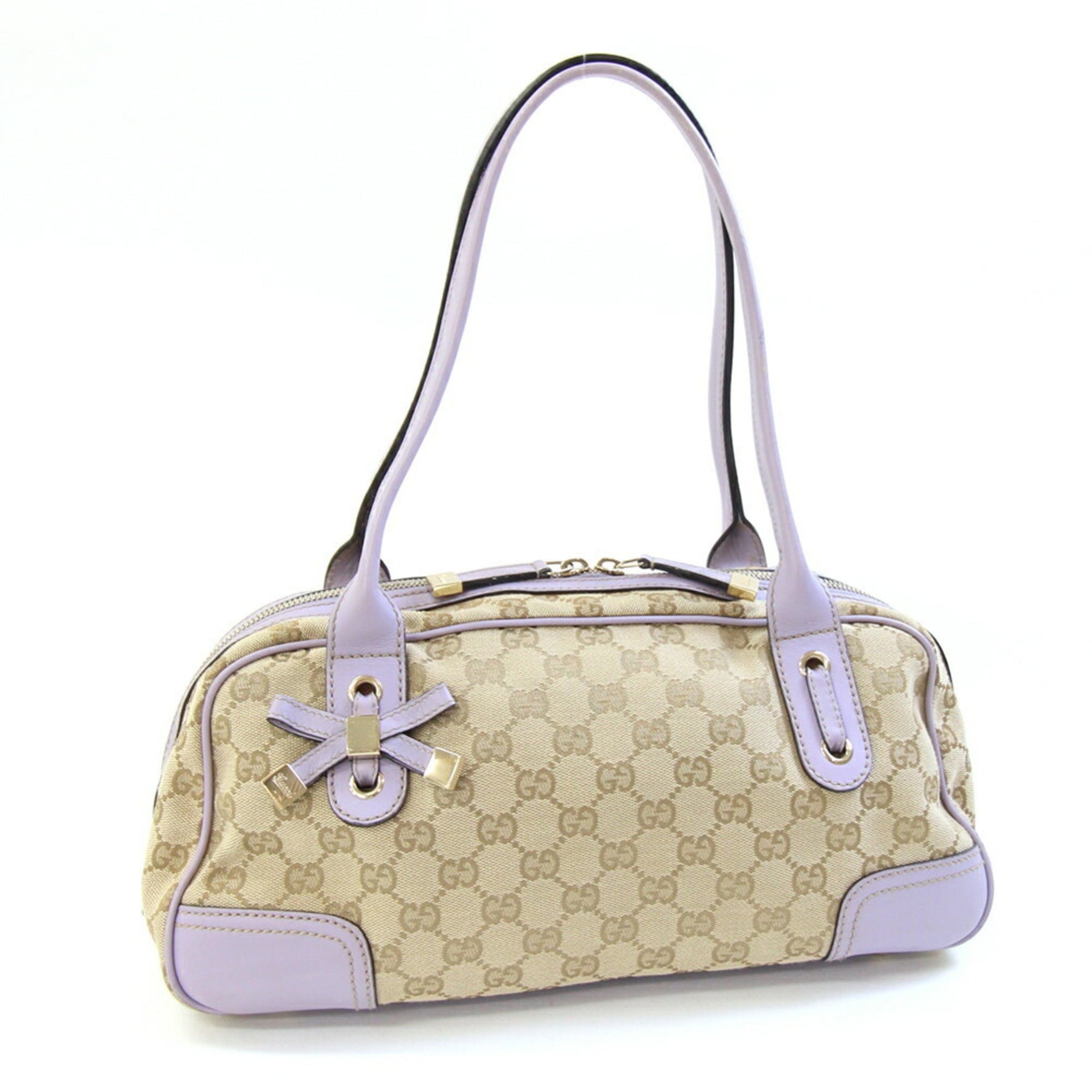 Gucci GG Princess Handbag Lavender Canvas Leather Shoulder Ribbon