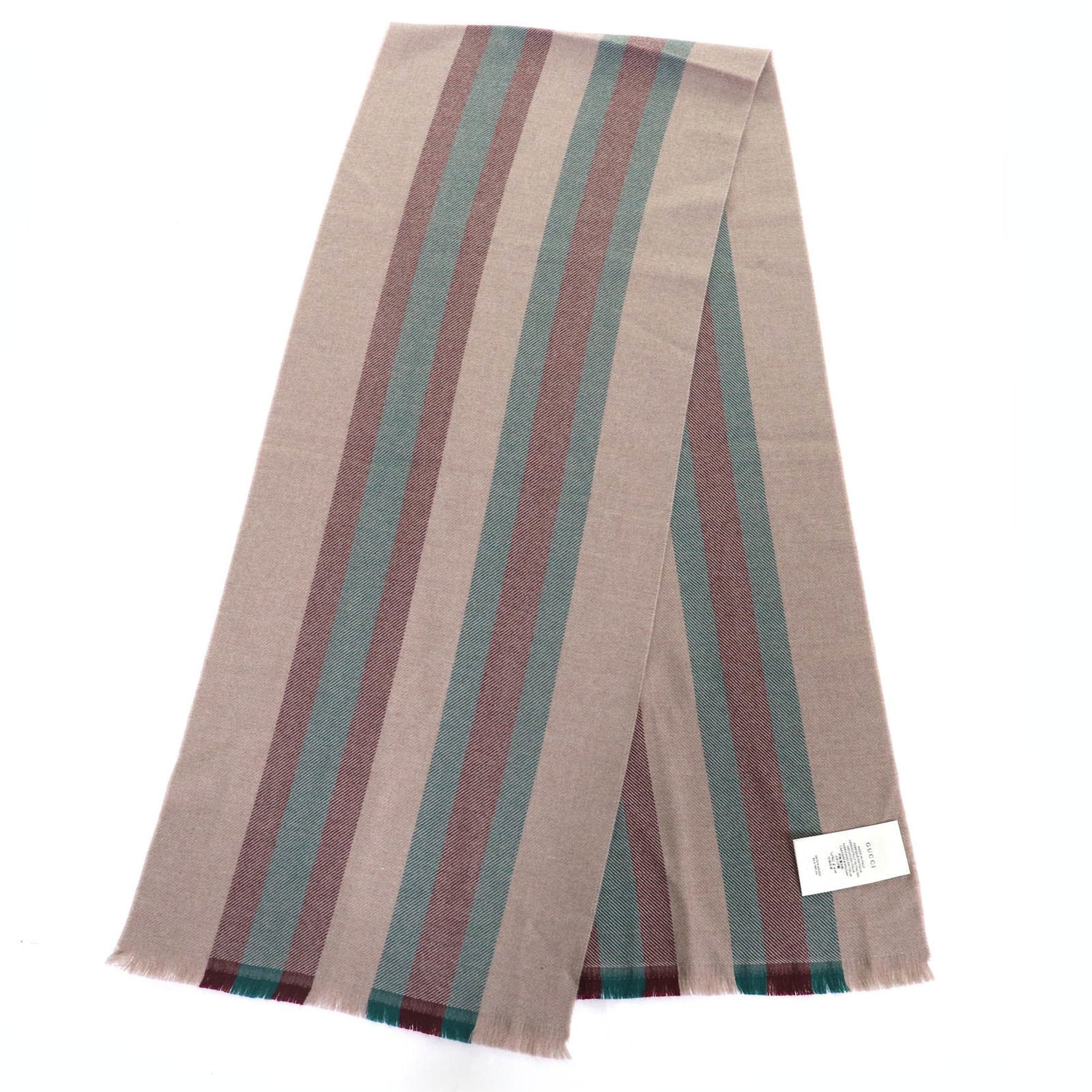 GUCCI 100% Wool Sherry Line Fringed Shawl/Stole/Scarf, Light Brown, Bold Green, x Made in Italy, Authentic