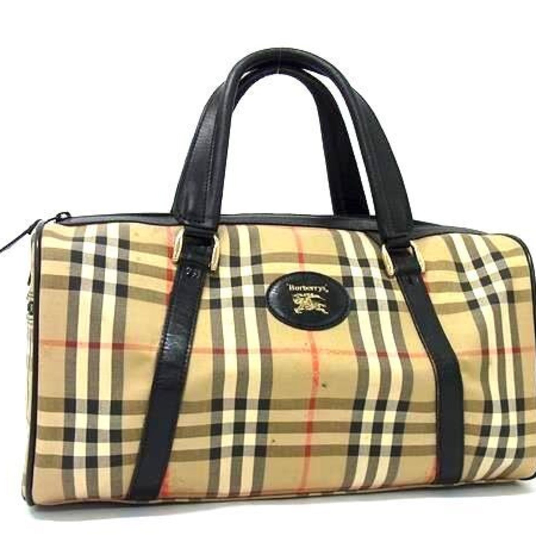Burberry's Nova Check Mini Boston Bag - Beige and Black Canvas with Leather