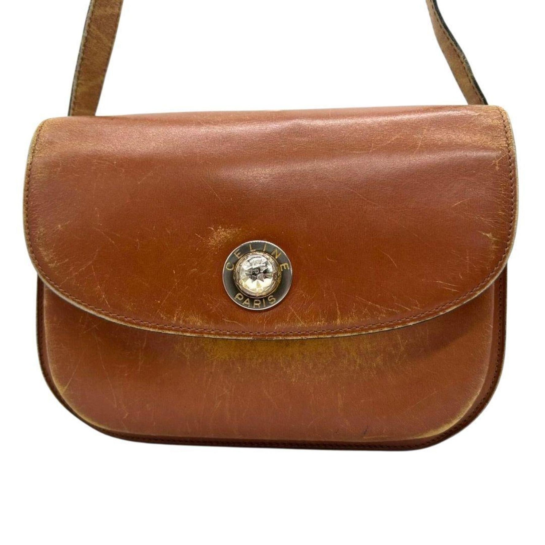 CELINE Star Ball Shoulder Bag in Leather with Genuine Flap, Gold Hardware, Logo, Crossbody Attachment, Vintage