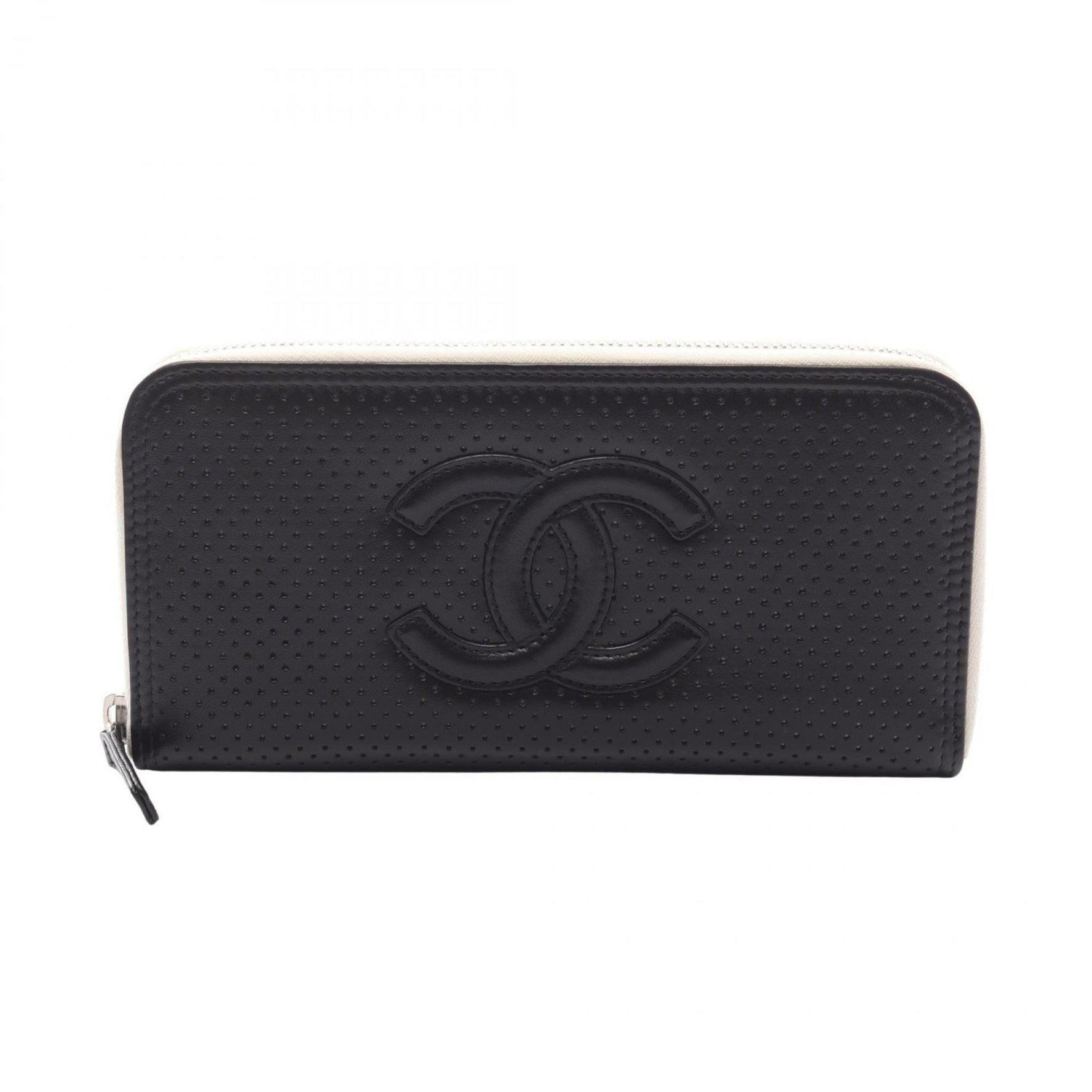 Chanel Coco Mark Round Long Wallet, Leather, Black and White
