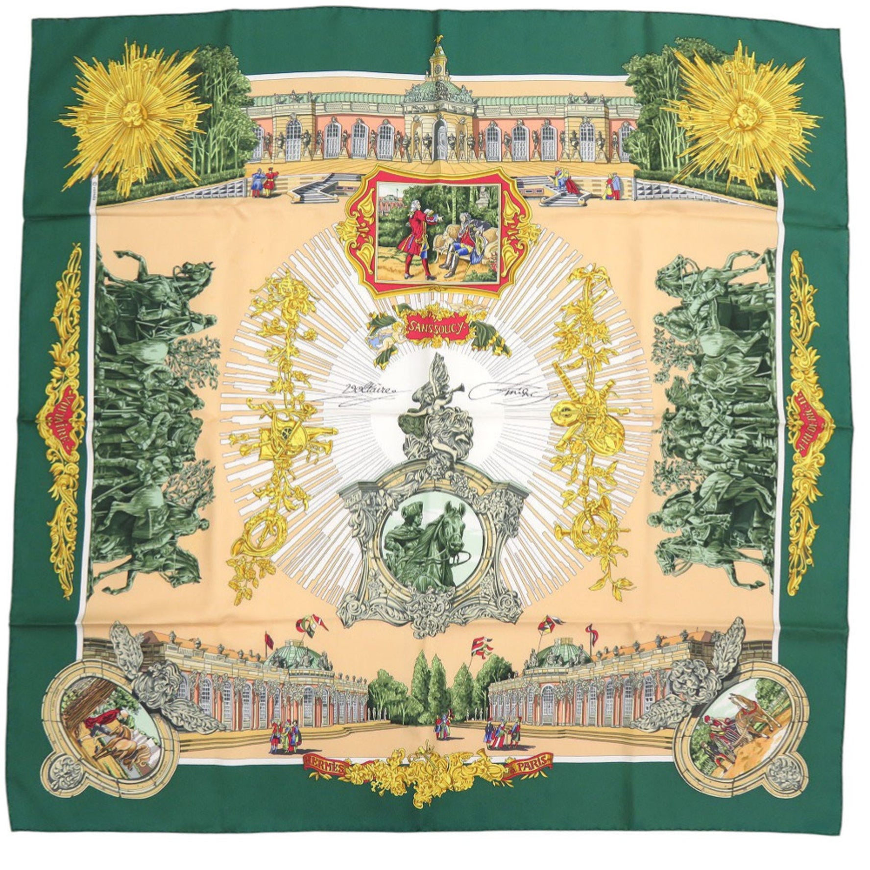 Hermes Hermès Carré 90 Sanssouci Palace Silk Scarf Muffler in Green, Gold, and Red (0137)