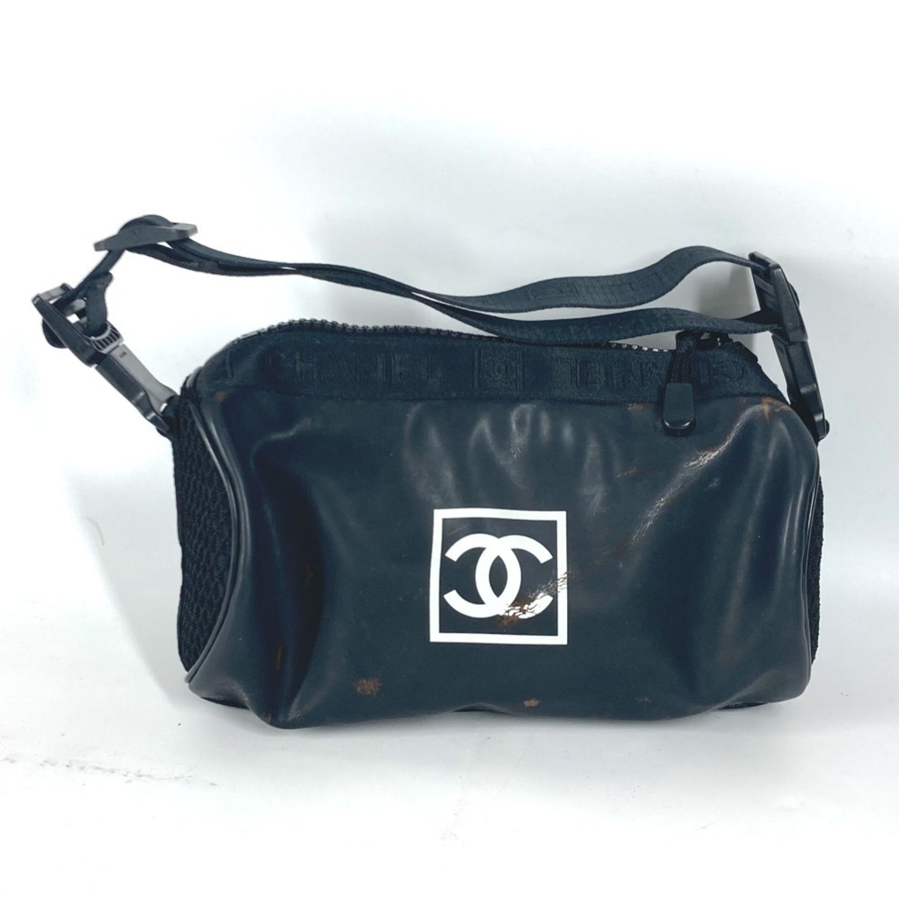CHANEL Sport Logo Shoulder Bag Cylinder Shape Rubber Black