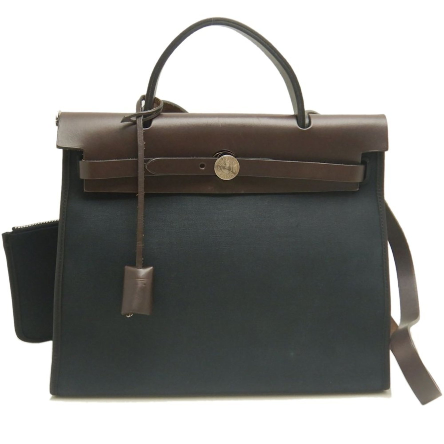 HERMES Airbag Zip PM Handbag, Toile Militaire, Vache Hunter, Cotton Canvas and Leather, Black Brown