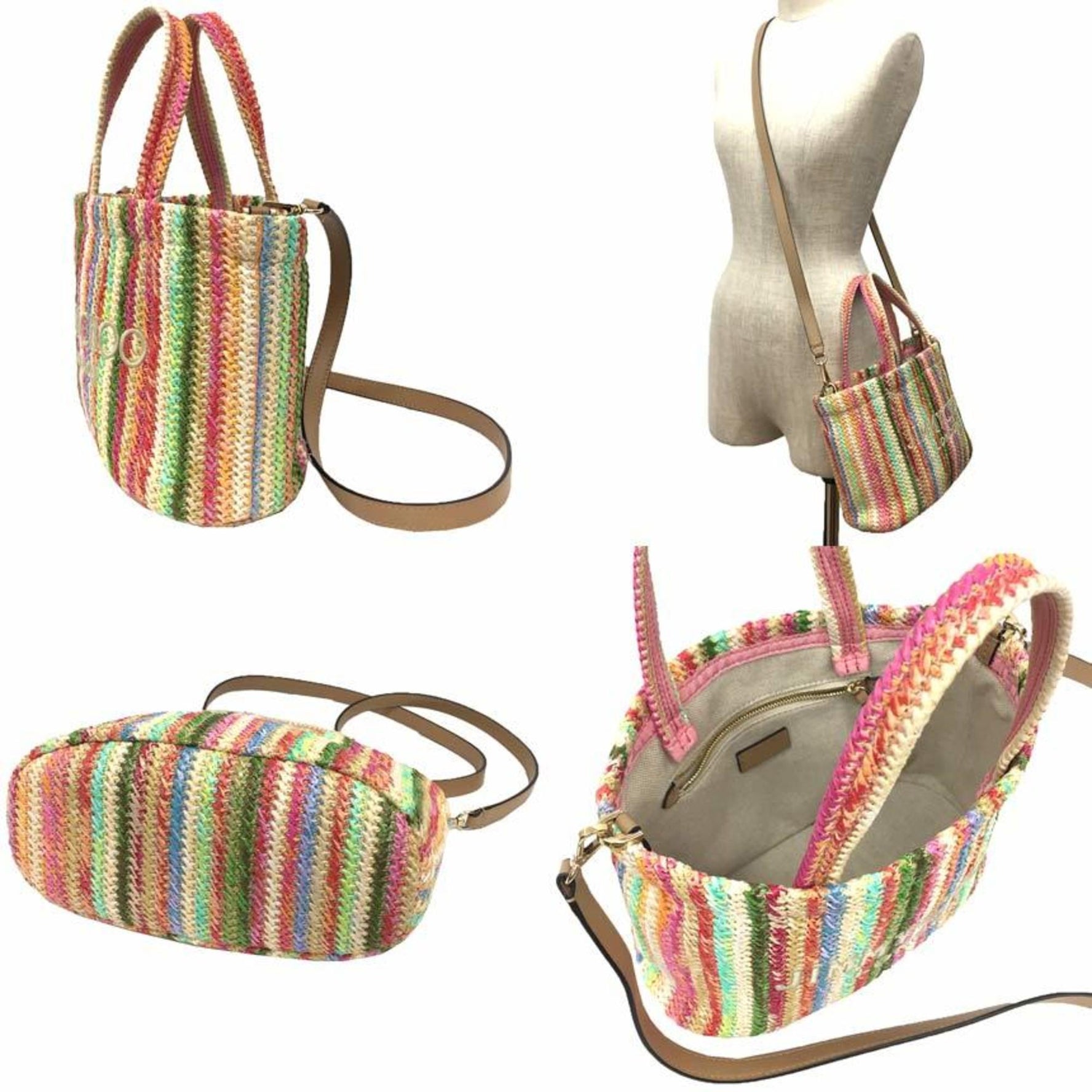 JIMMY CHOO East West Mini Beach Tote in Multi-Ecru Stripe - Raffia Shoulder Bag