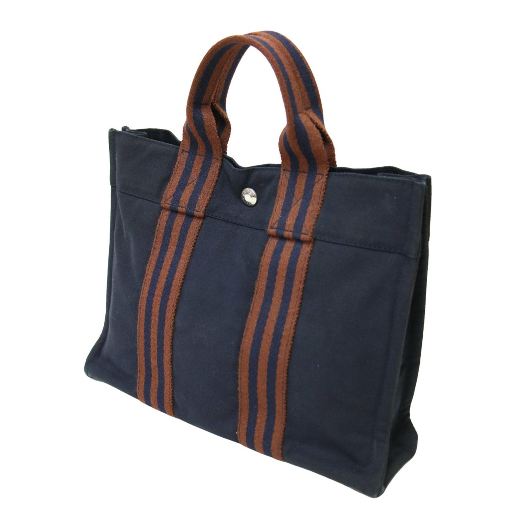 HERMES Hermès Foul Tote PM Bag Handbag Canvas Cotton Navy Brown