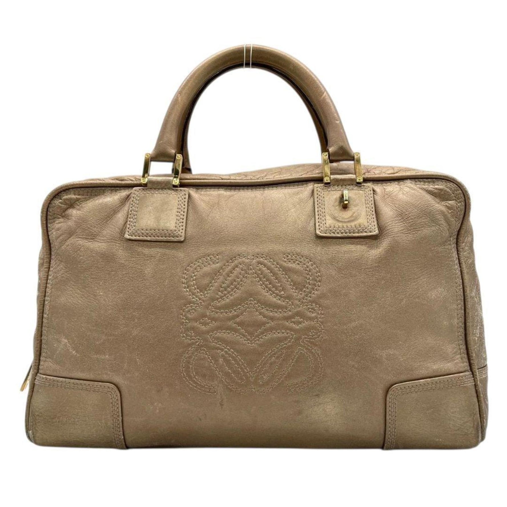 Loewe Amazona handbag in brown and beige with an Anagram pattern on leather, a Boston bag, tote bag gold hardware