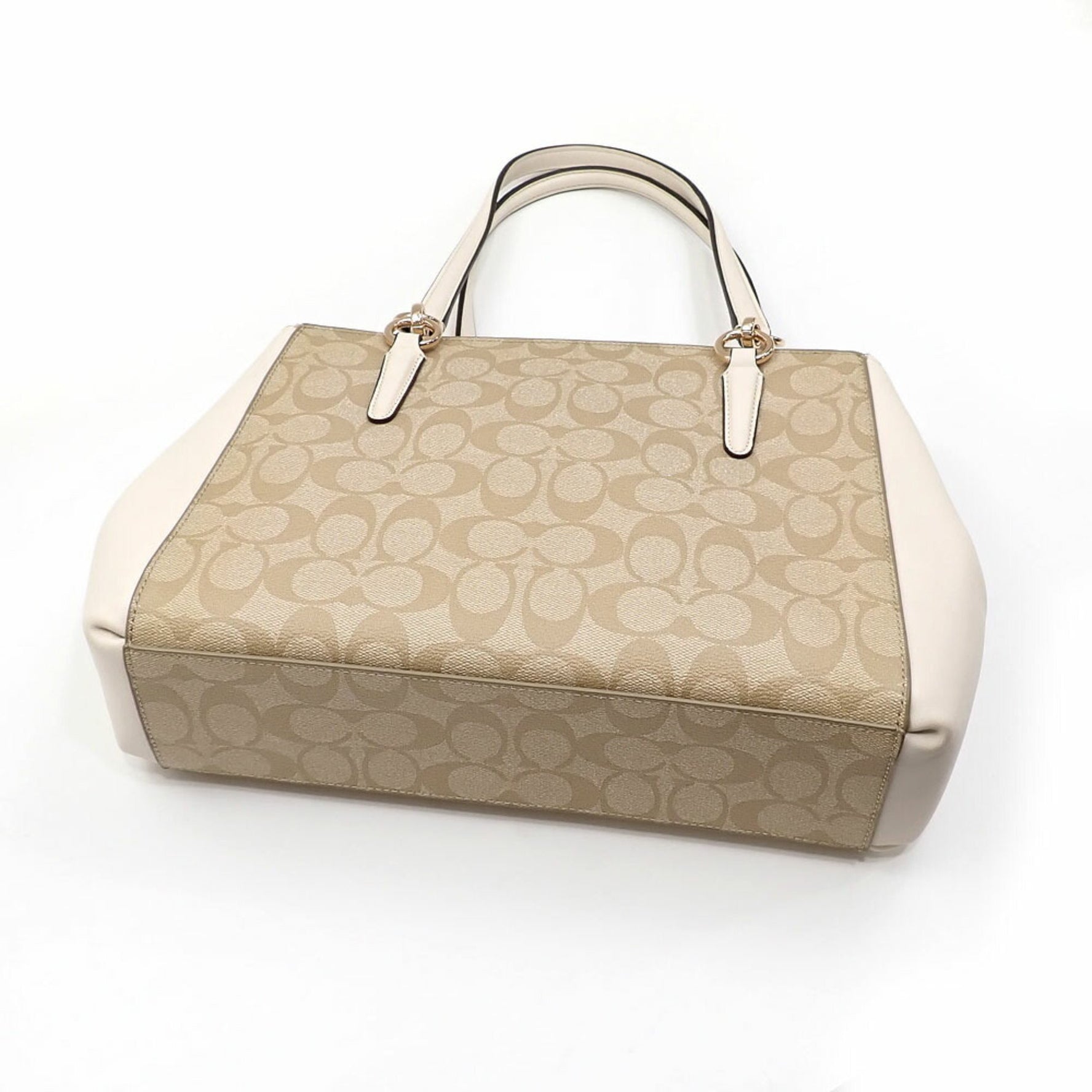 Coach Small Christy Carriole Tote Bag, Signature, Beige, White, PVC, and Leather