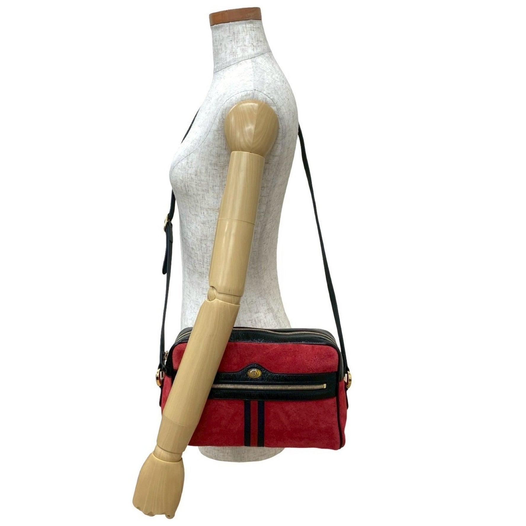 Unused, stored GUCCI Ophidia Sherry Line shoulder bag in red with GG logo, suede, and patent leather.