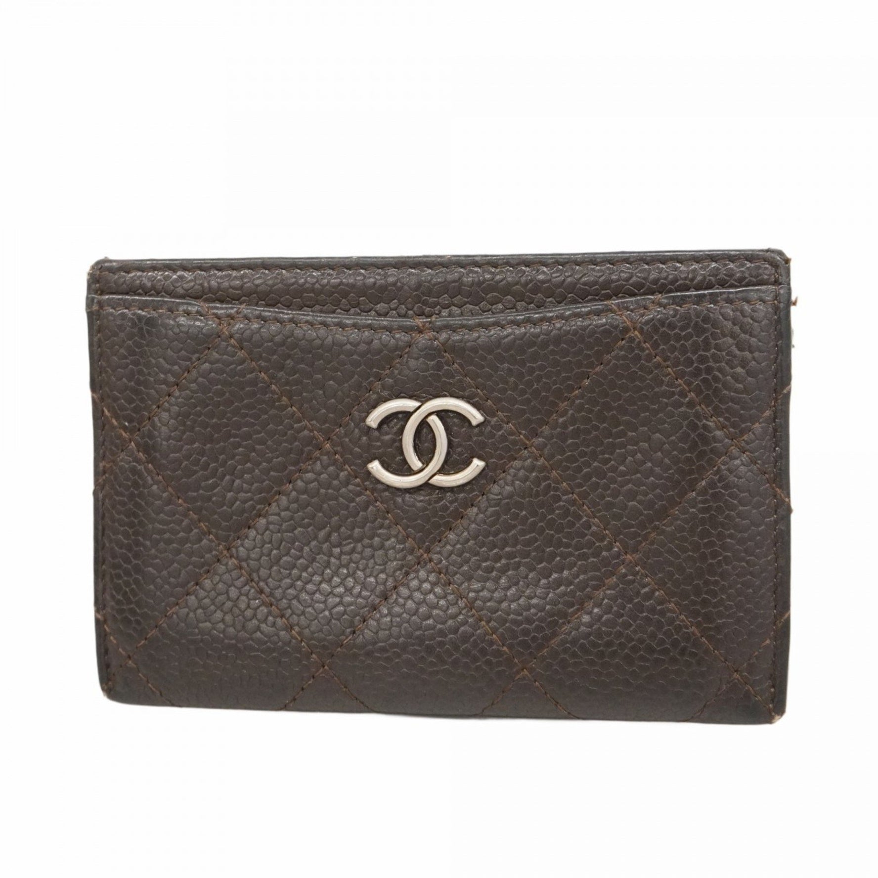 Chanel Matelasse Business Card Case in Caviar Leather, Brown, Women's