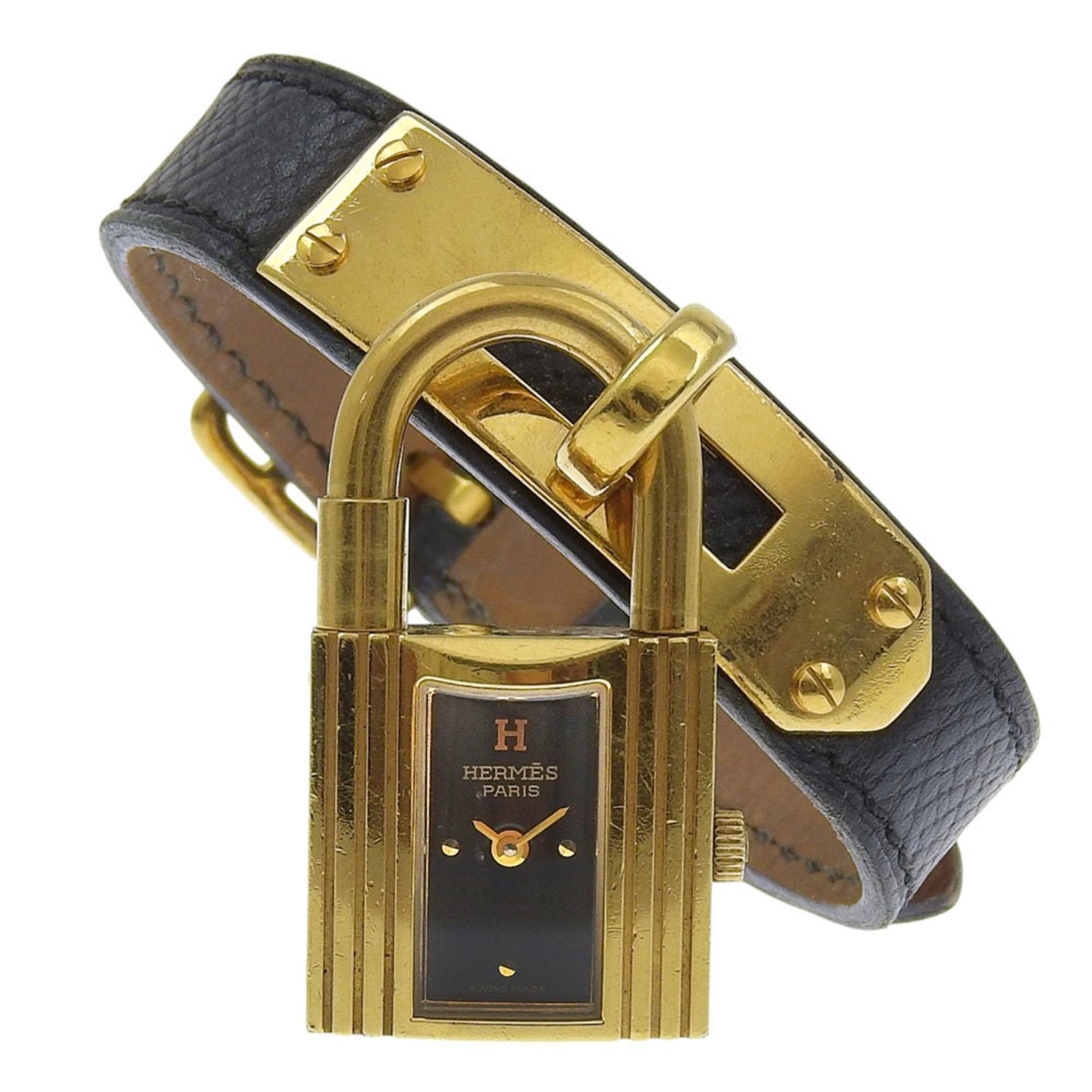 Hermès Kelly Watch, Gold-Plated and Leather, 1995, Quartz Movement, Analog Display, Black Dial
