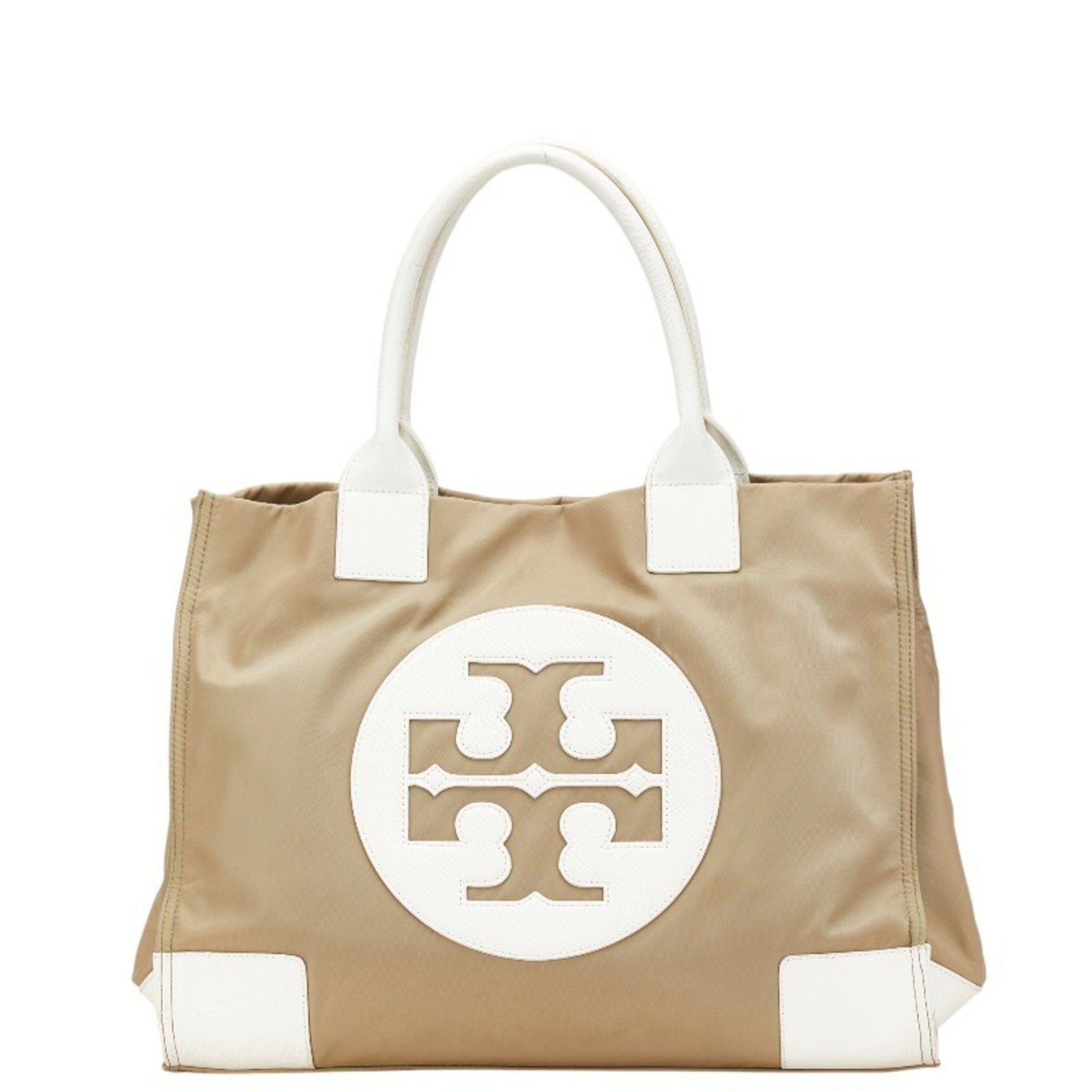 Tory Burch Tote Bag Shoulder Beige White Nylon Leather