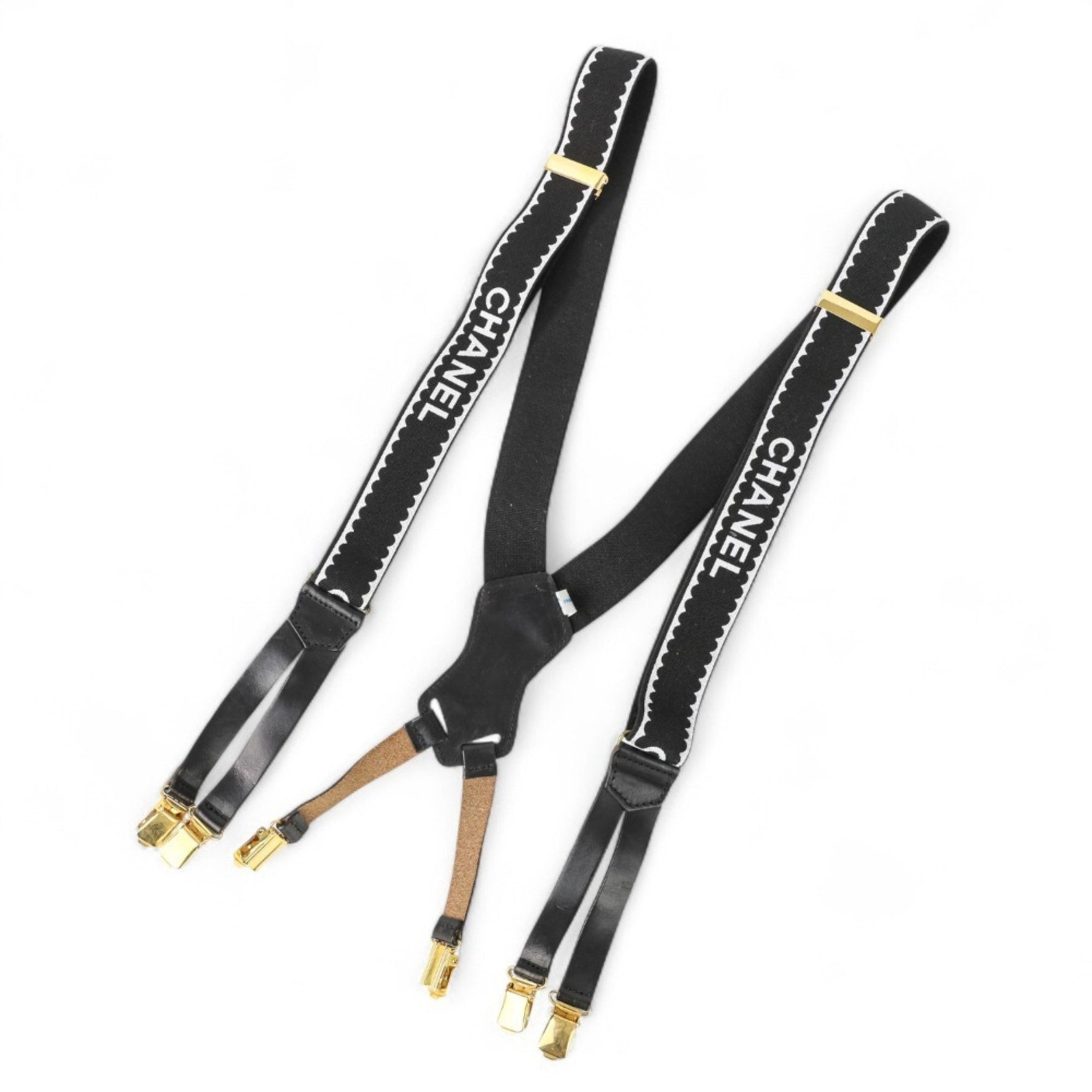 CHANEL Vintage Canvas Leather Coco Mark Suspenders Gold Hardware