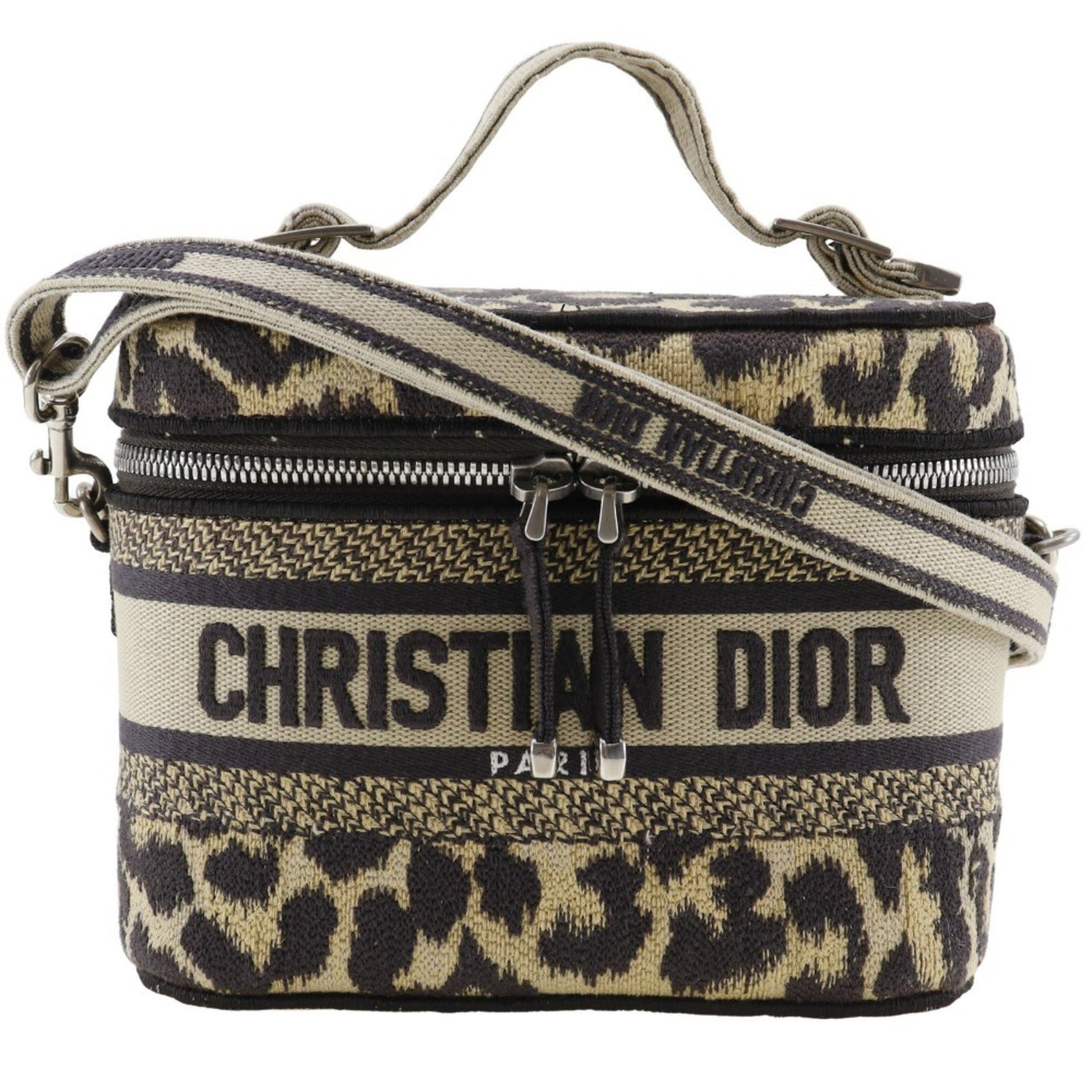 Christian Dior Vanity Handbag Shoulder Leopard Canvas Double