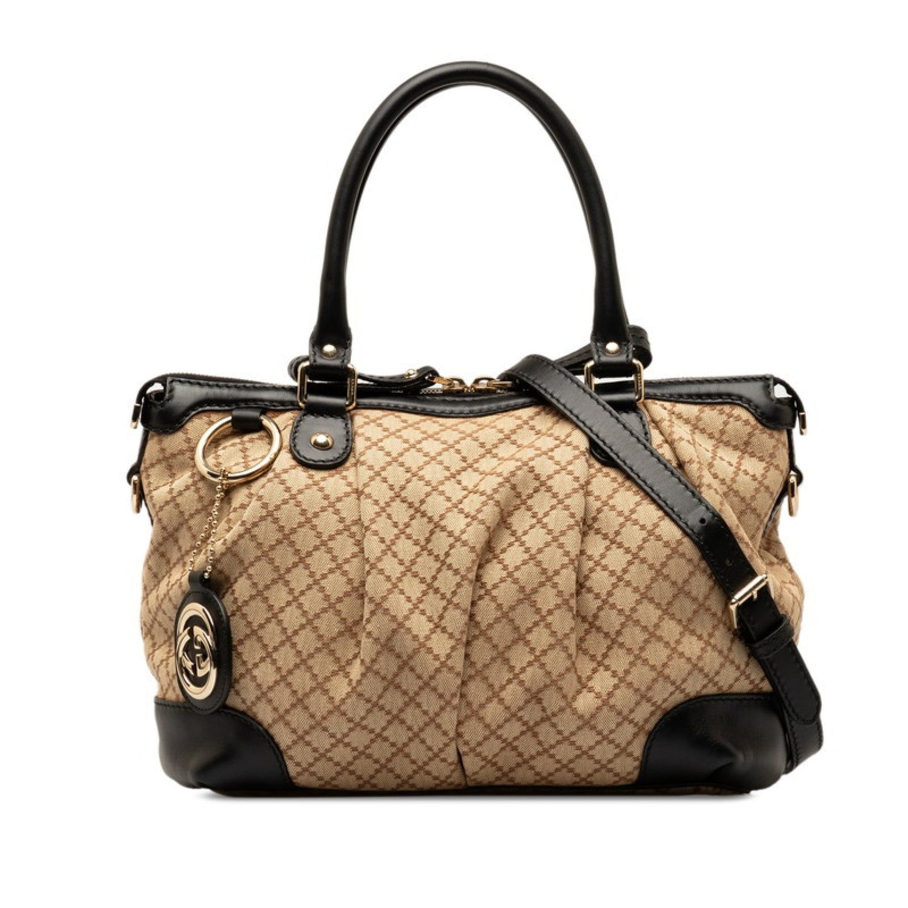 Gucci Diamante Sukey Handbag Shoulder Bag Beige Black Canvas Leather