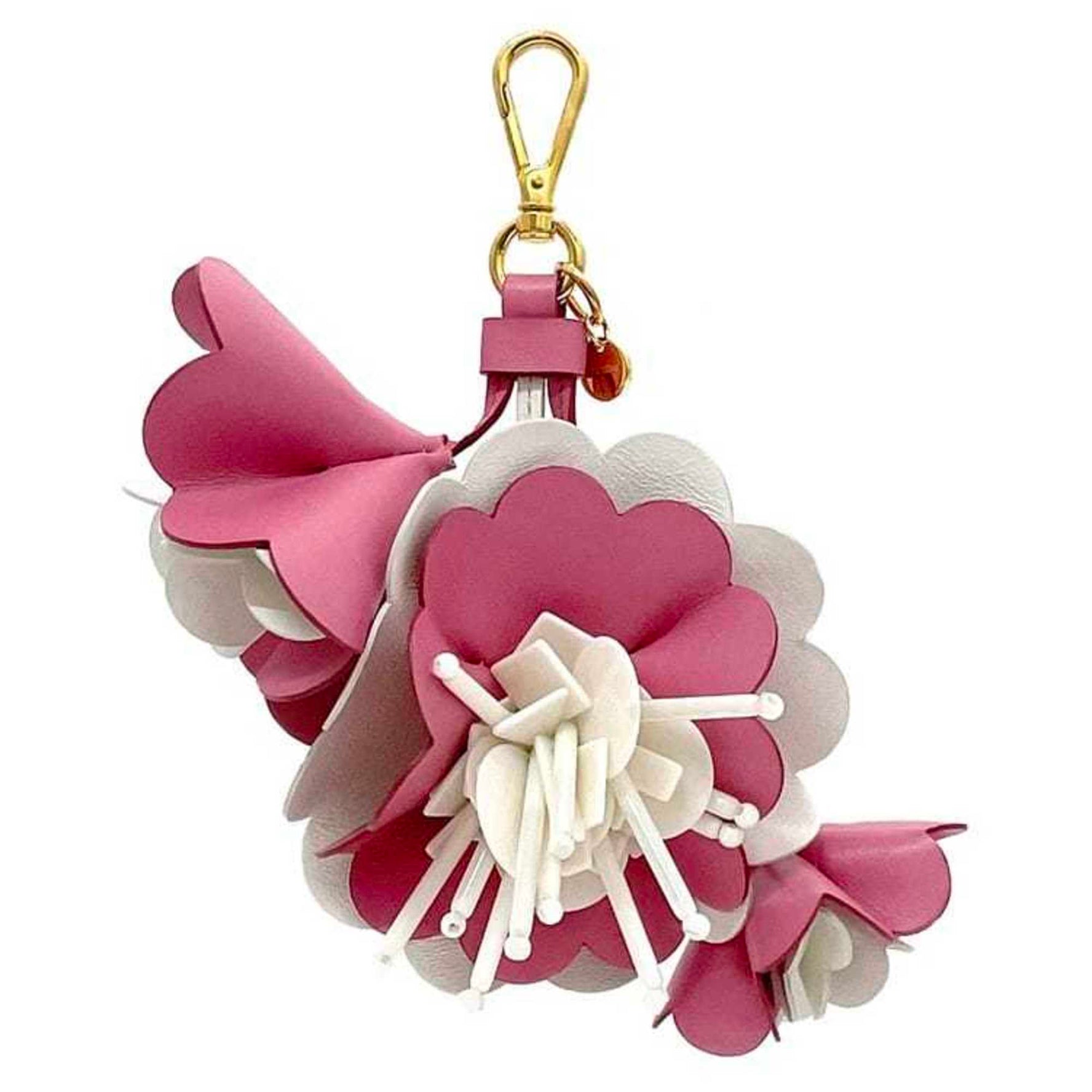 Miu Miu Miu bag charm in pink and white with a floral motif. Leather keychain, key ring, box. accessories.