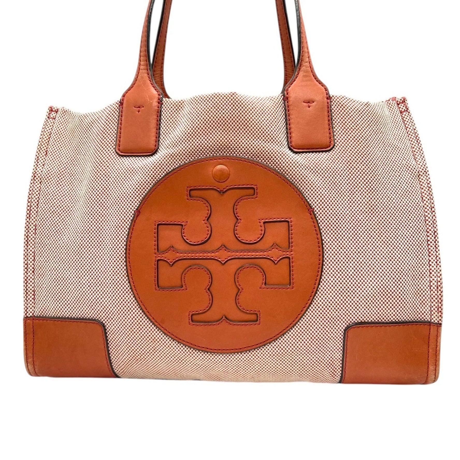 Tory Burch Ella Tote Bag Canvas and Leather, Orange Brown, Handbag with Big Logo, Size