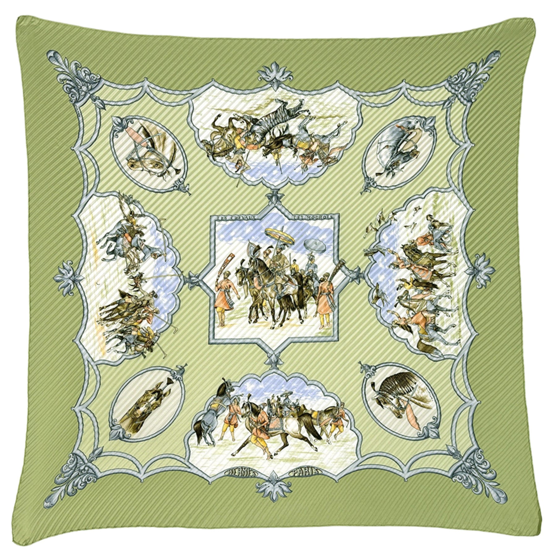 Hermes Hermès LES CHEVAUX DES MOGHOLS pleated scarf/muffler, featuring Mughal horses, is a brand name silk scarf in green and multicolor. Perfect for horse riding.