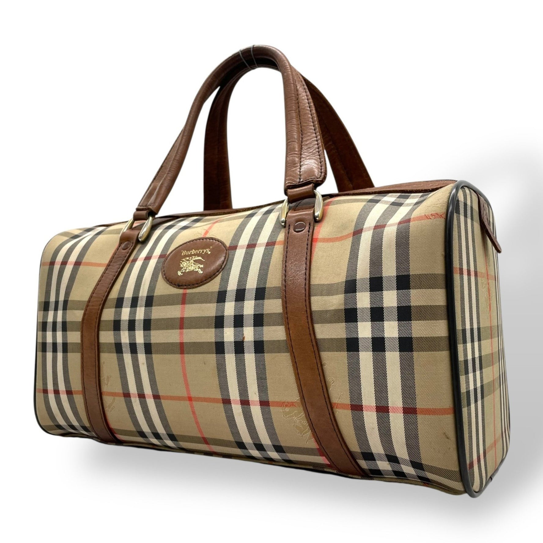 BURBERRY Boston Bag, Nova Check, Horse Logo, Shadow Horse, Brown, Beige, Canvas, Leather, Men's, Women's, C