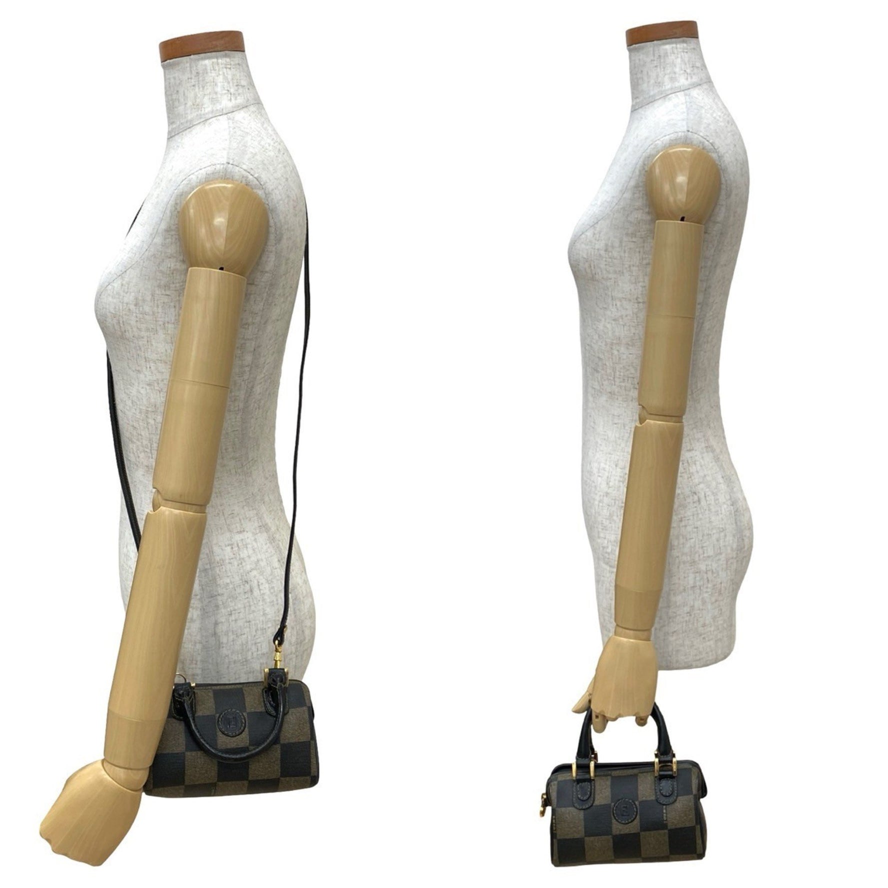 FENDI FF Logo Pecan Check Leather Mini Handbag/Shoulder Bag, Black