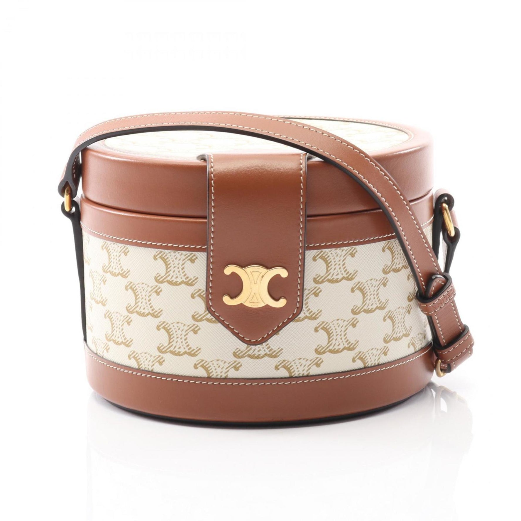 Celine Tambour Medium Triomphe Shoulder Bag, Coated Canvas and Leather, White Brown
