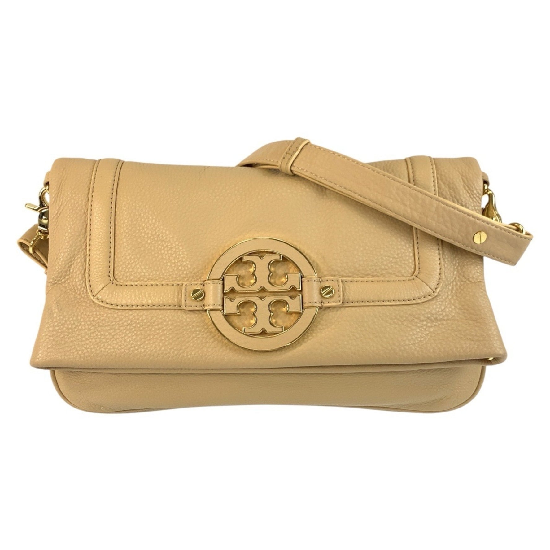 Tory Burch logo beige leather shoulder bag with gold hardware.