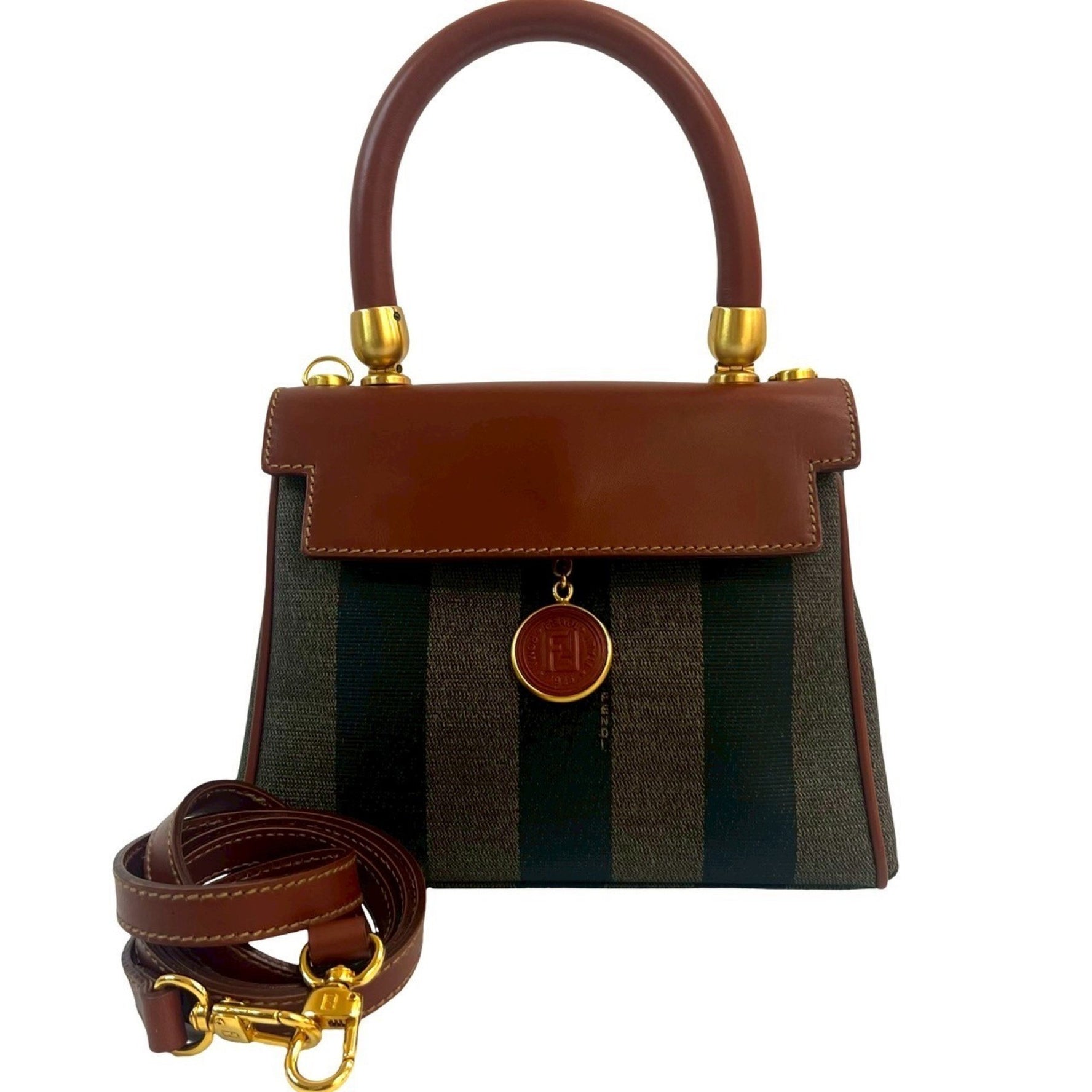 FENDI Pecan Print FF Logo Charm Leather Mini Shoulder Bag/Handbag Brown