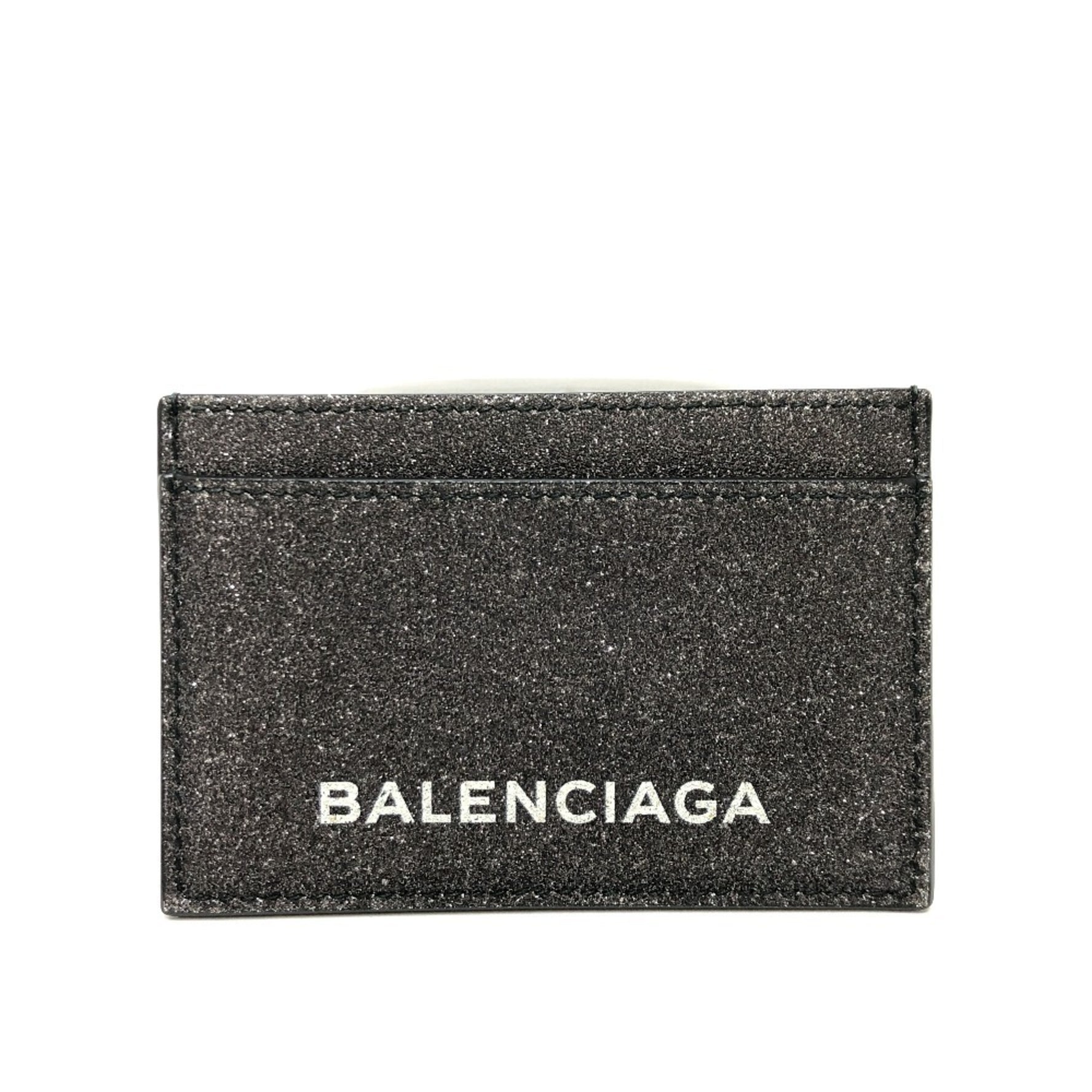 BALENCIAGA Logo Glitter Pass Case/Card Holder/Business Card Case Leather Gray Like New