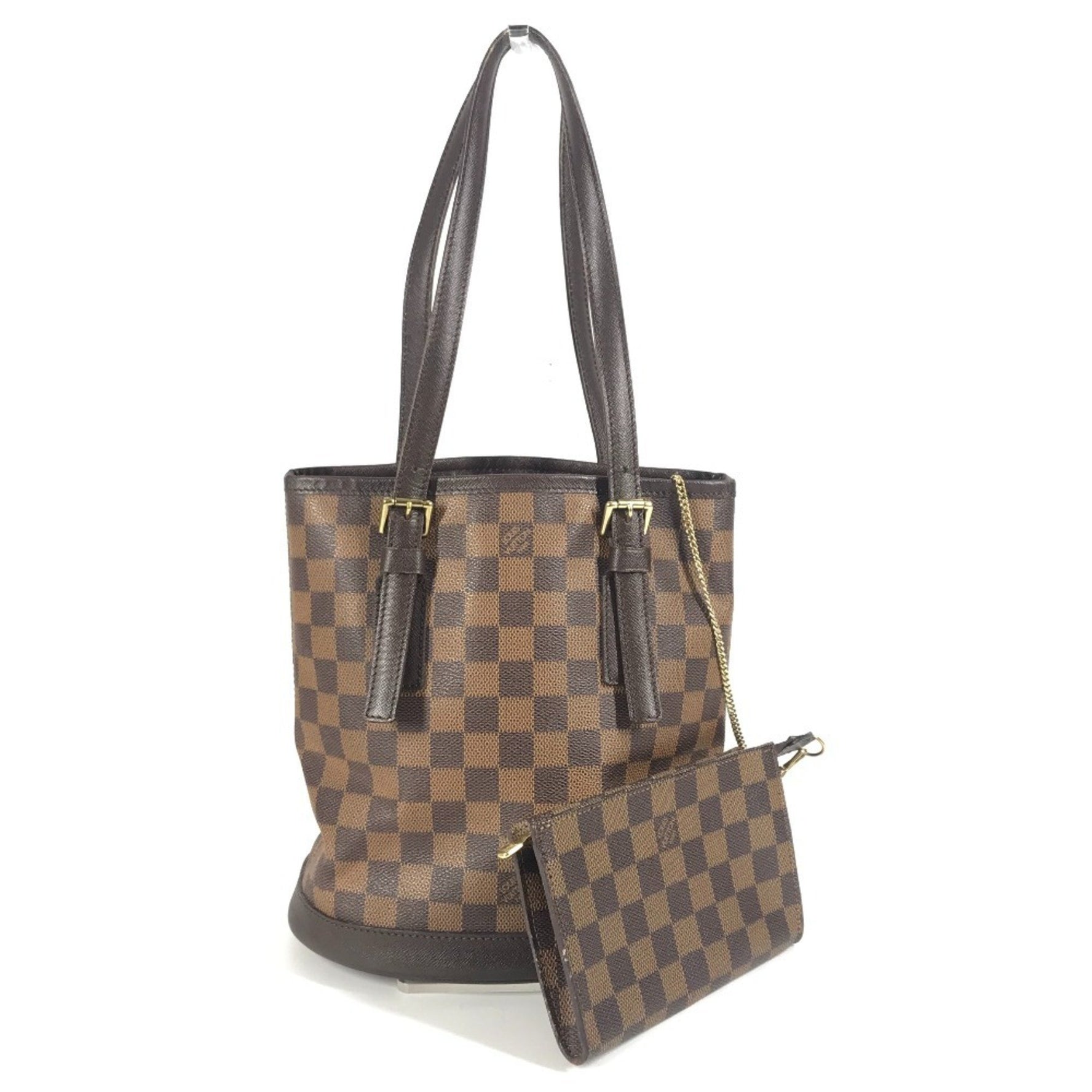LOUIS VUITTON Damier Mare Bucket Shoulder Tote Bag with Pouch, Canvas, Ebene