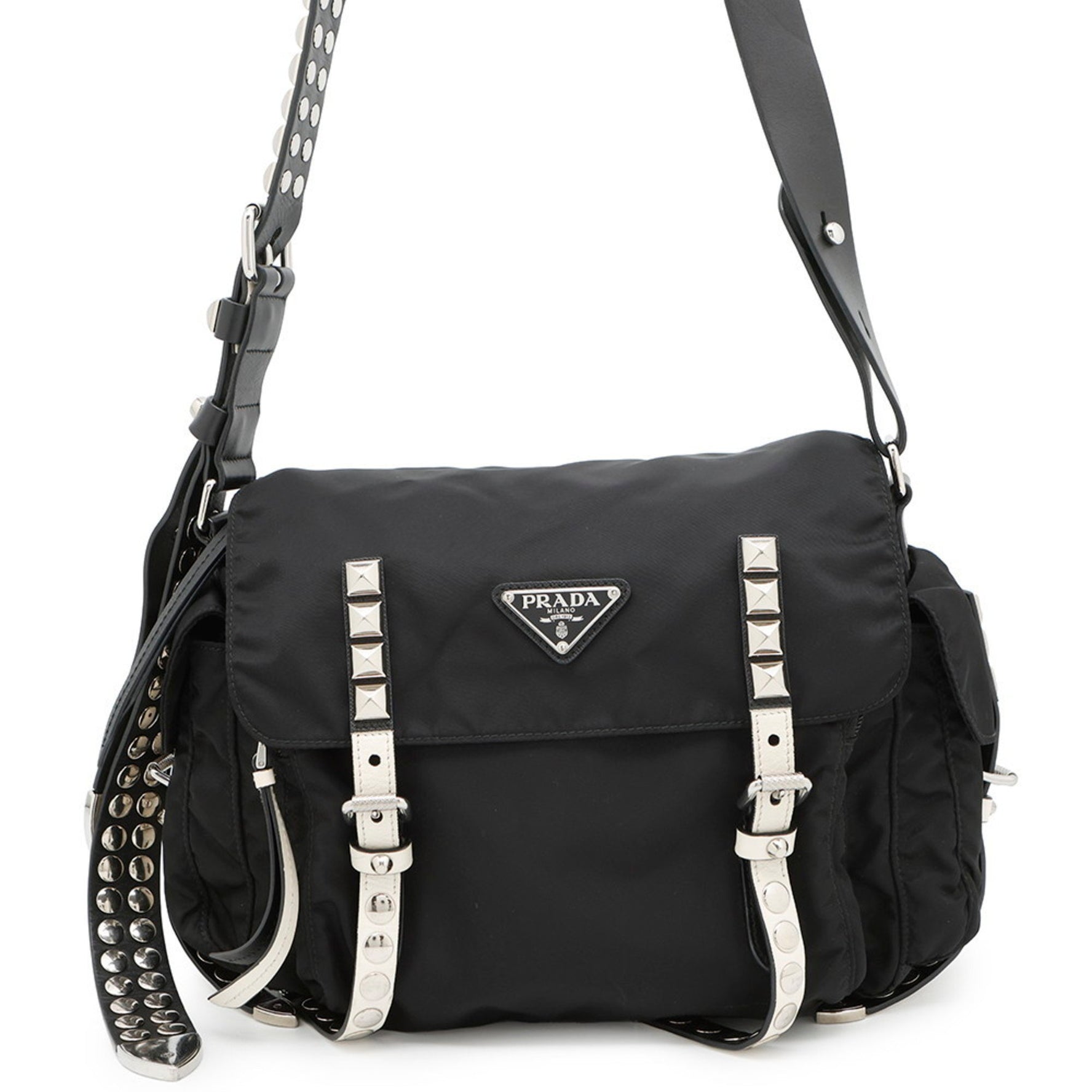 Prada Studded Nylon and Leather Shoulder Bag 1BD118 PRADA Black