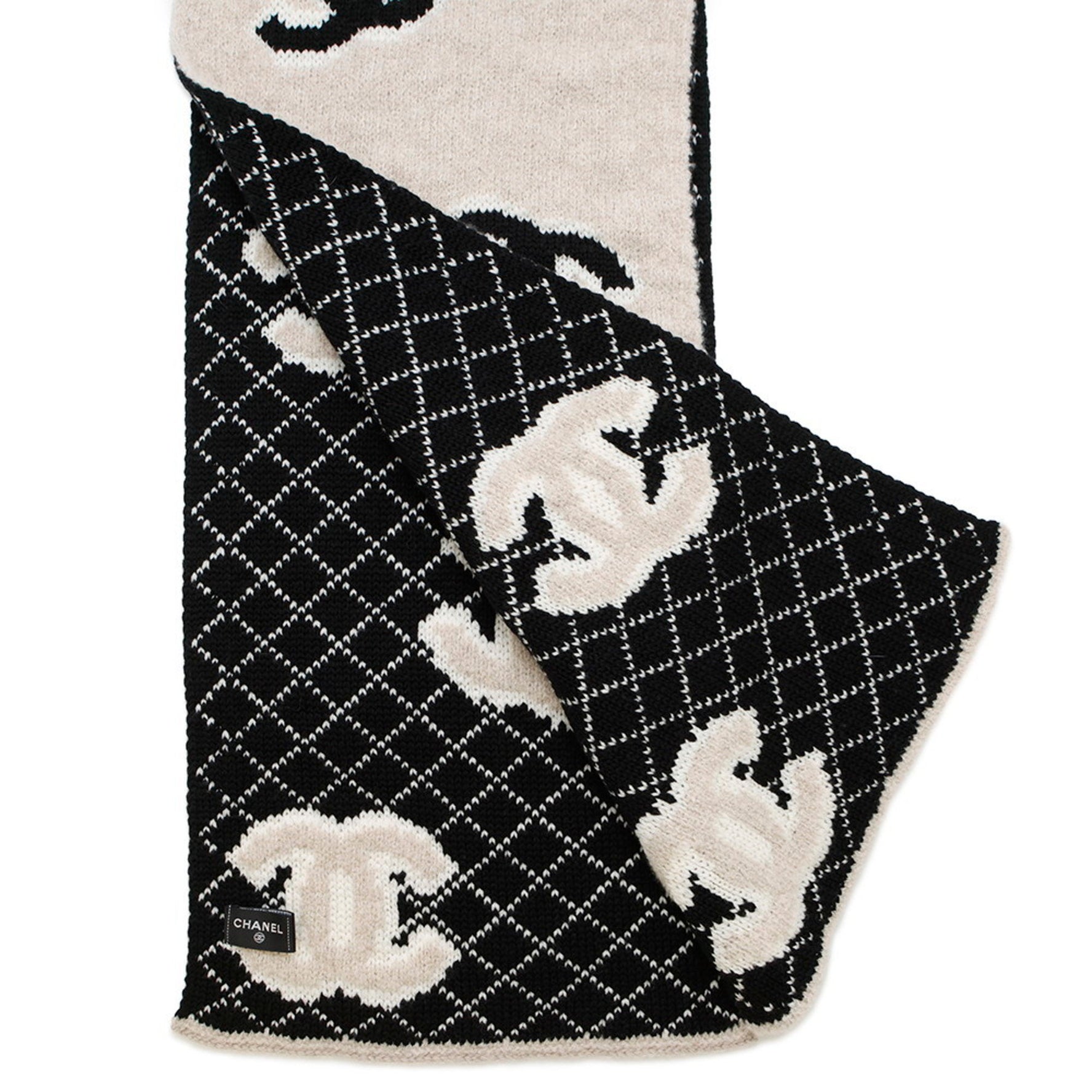 Chanel scarf/stole, stitched Coco mark, reversible wool and cashmere.