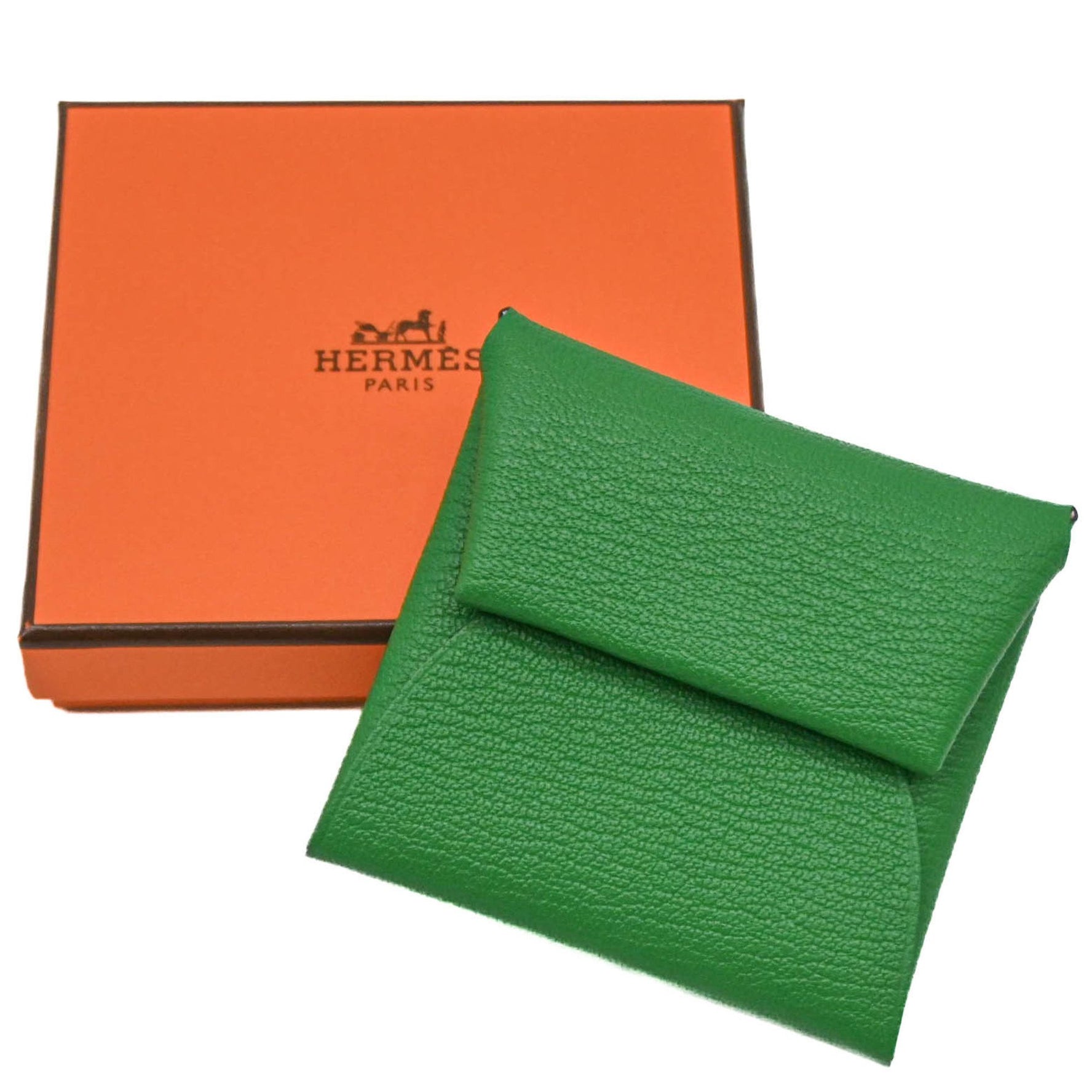 HERMES Bastia Verso Wallet/Coin Case Coin Purse Chevre Mysore Green Pink Bicolor