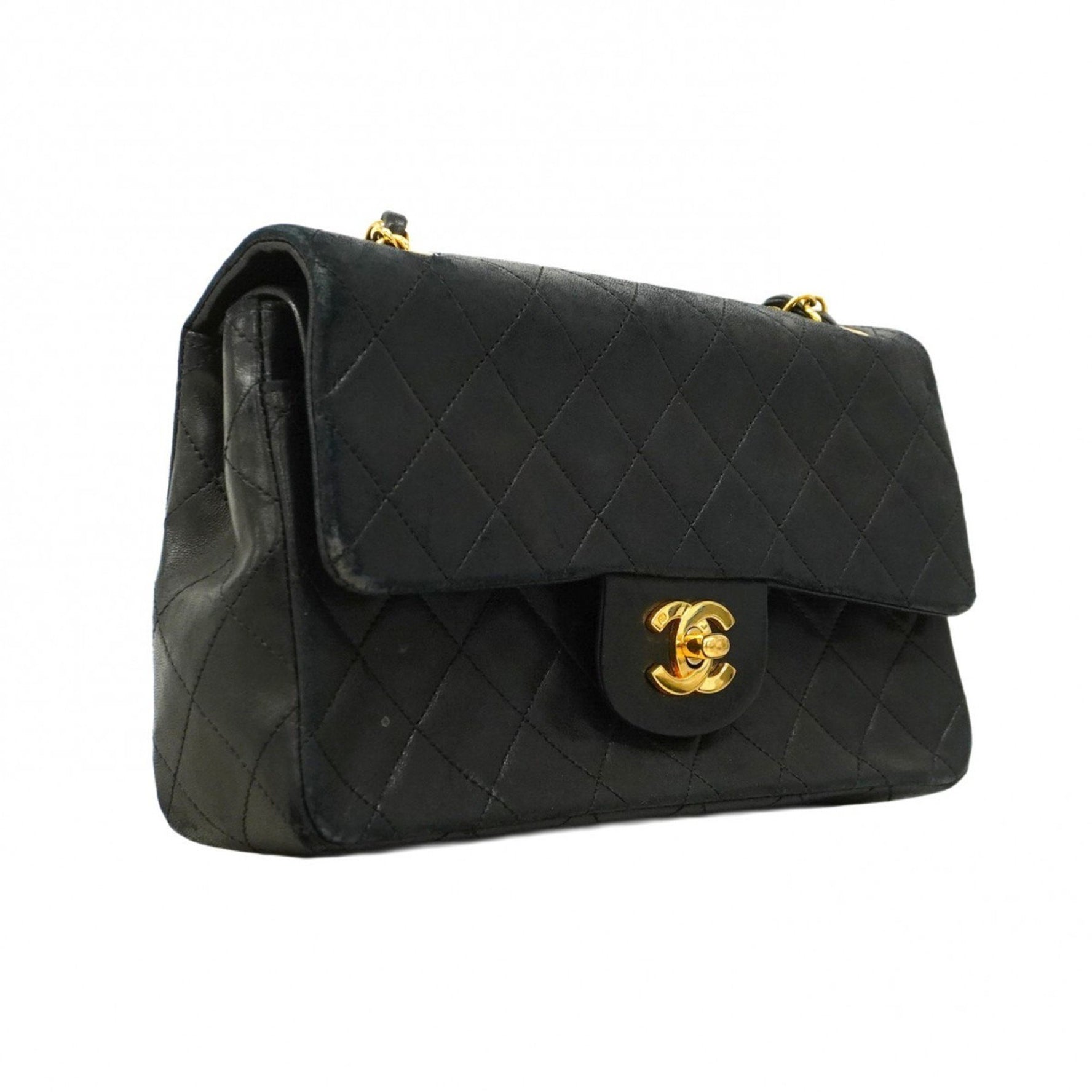 Chanel Matelasse Shoulder Bag with Double Flap and Chain, Lambskin, Black, Women's