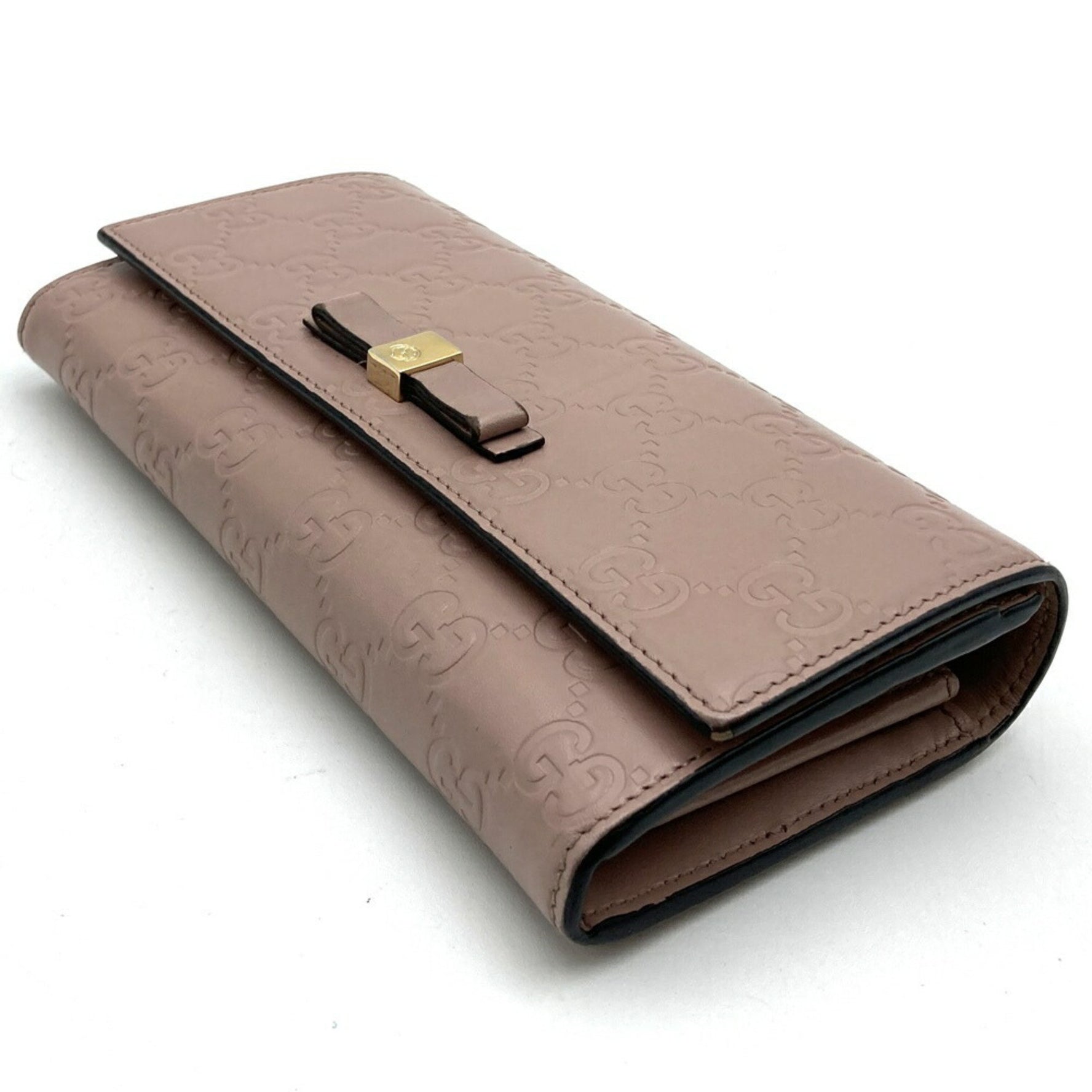 GUCCI 2067 Shima Ribbon Long Wallet Pink Beige Leather Women's