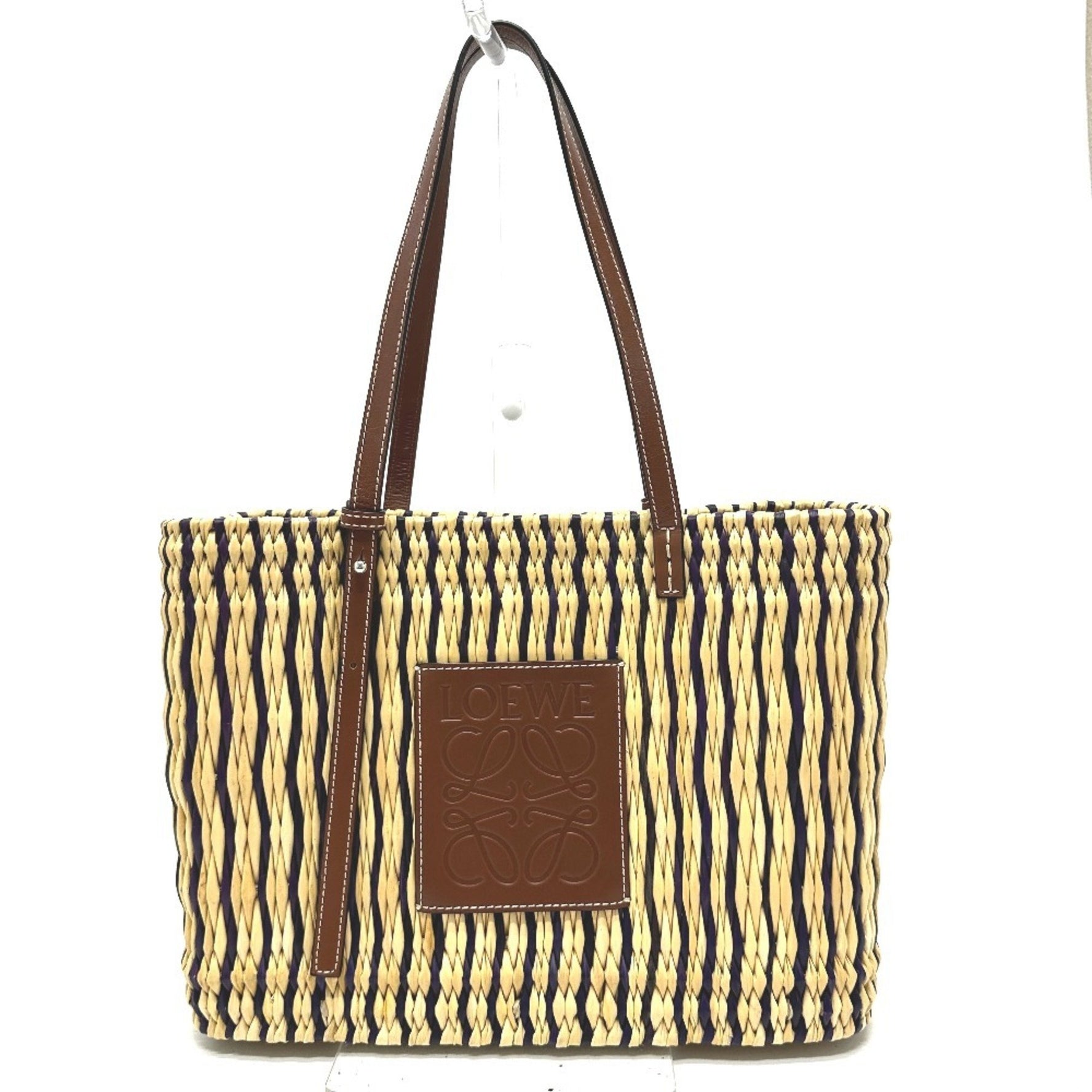 LOEWE Square Anagram Straw Bag, Basket Tote Straw/Leather
