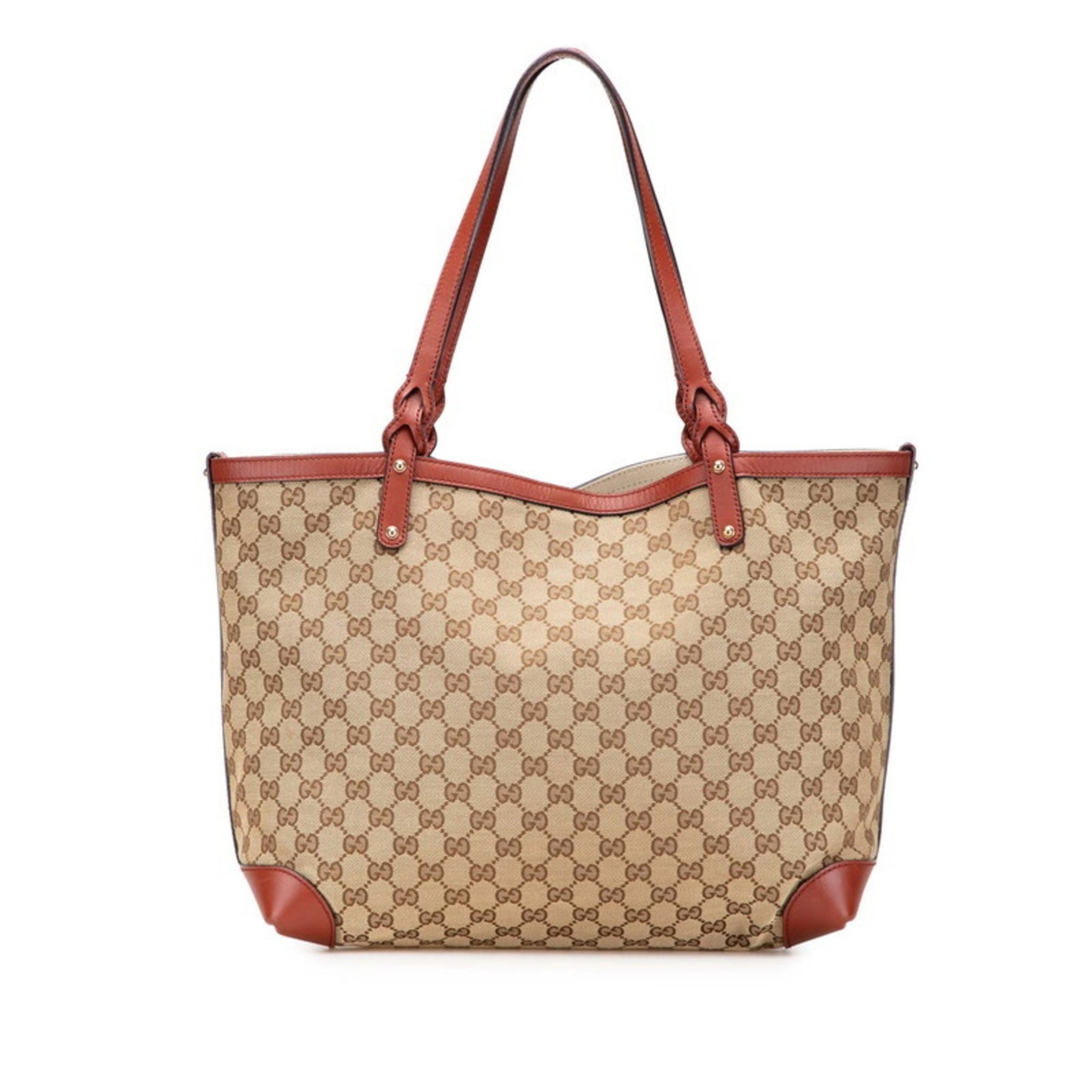 Gucci GG Canvas Tote Bag Beige Brown Leather