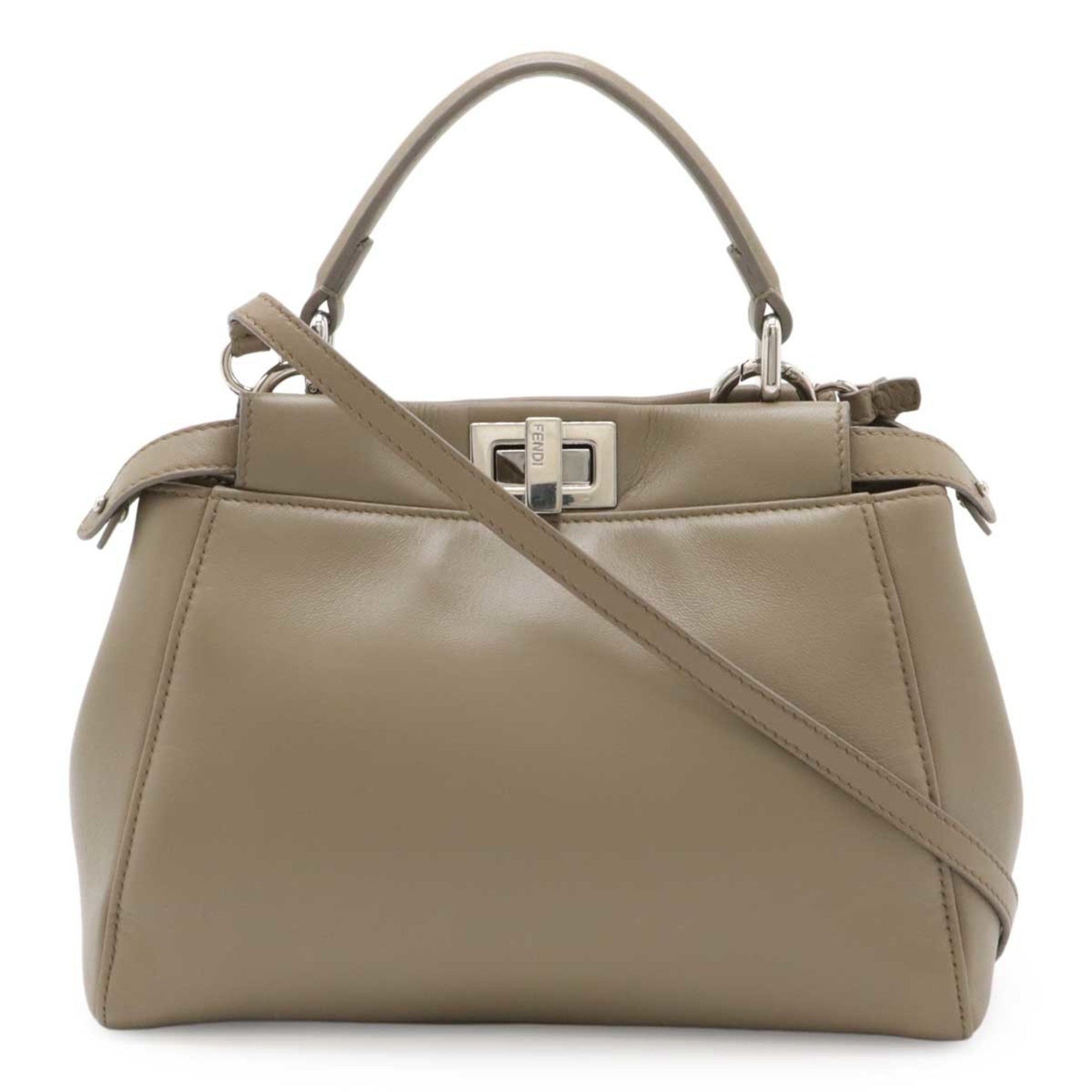 FENDI Mini Peekaboo Handbag Shoulder Bag Leather Greige