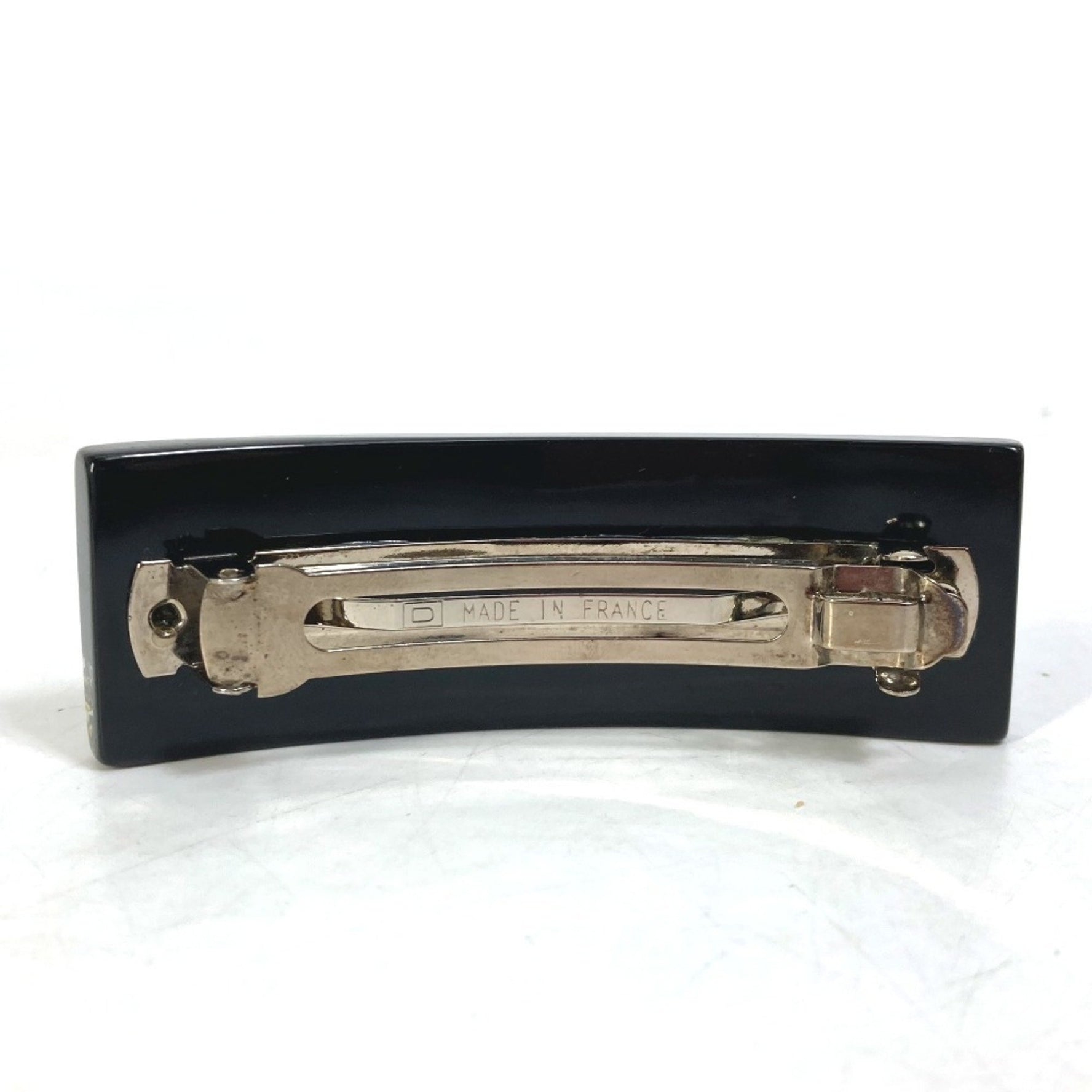 CHANEL Logo Rhinestone Hair Accessory Barrette Plastic Black