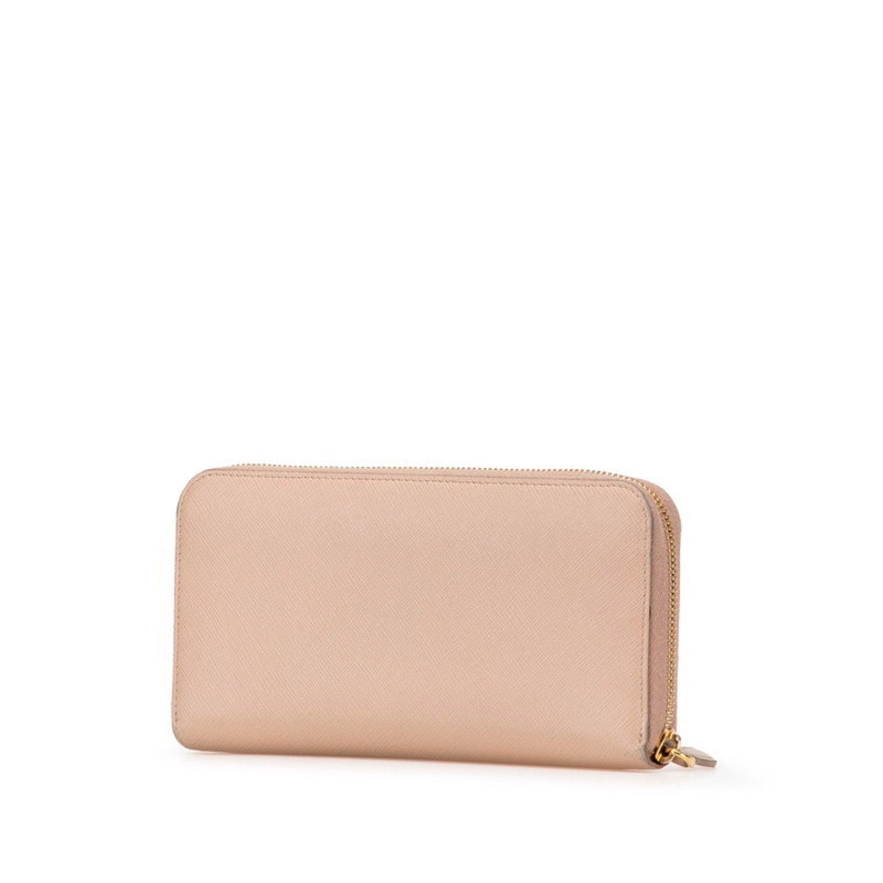 Prada round zipper long wallet in beige and pink Saffiano leather .