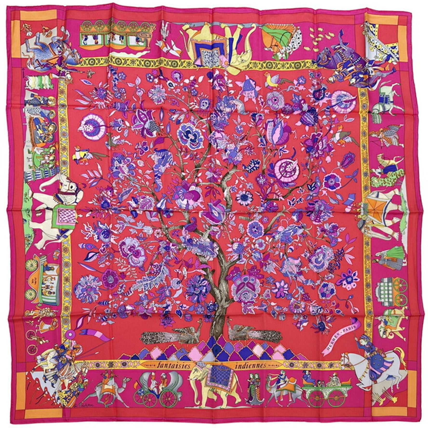 Hermes Scarf Muffler Carre 90 Fantaisies indiennes Dazzling India Silk Pink Red Multicolor Animal Horse Statue Plant