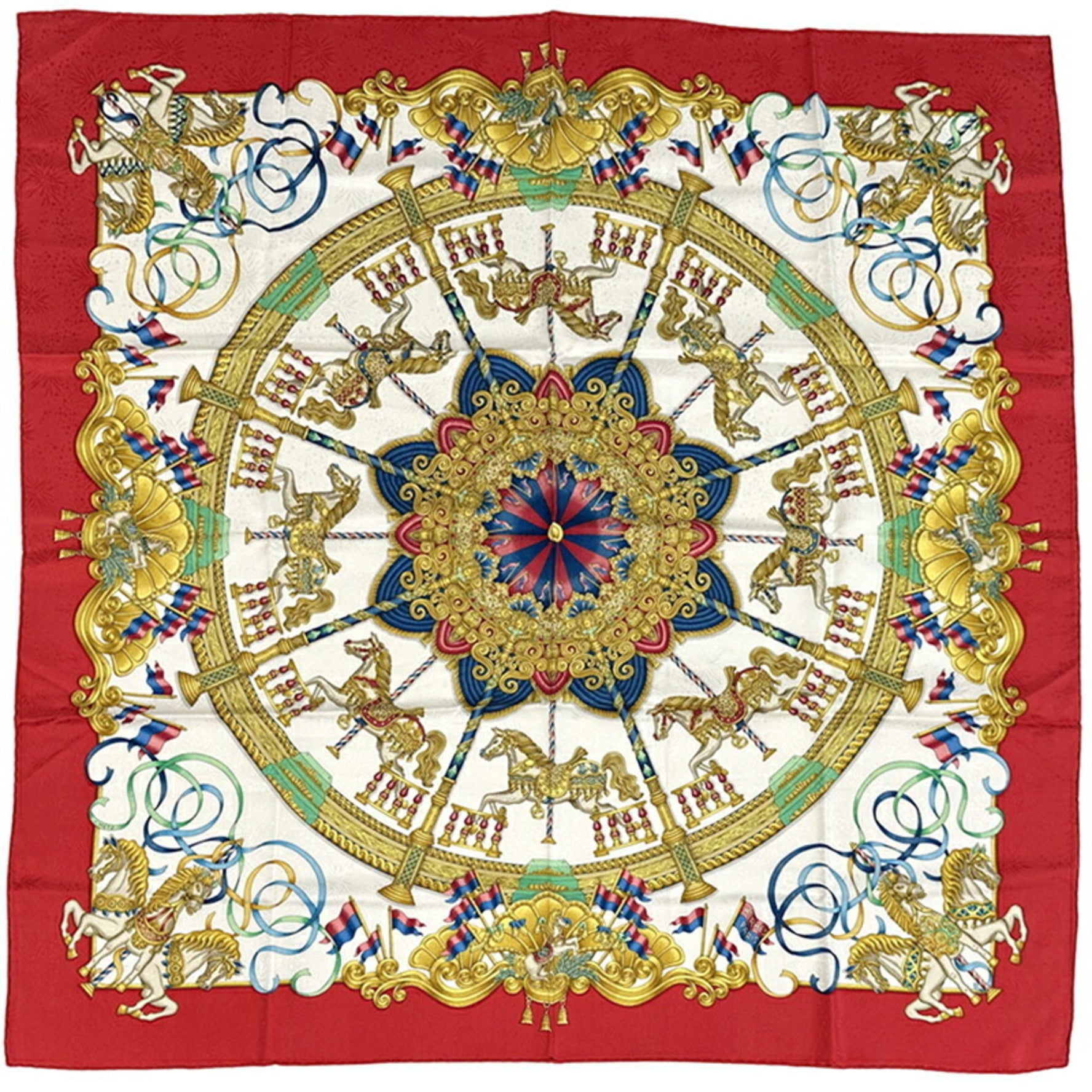 Hermes Hermès LUNA PARK Carré 90 Scarf, Women's Silk, Red Multicolor, Merry-go-round Horse Design