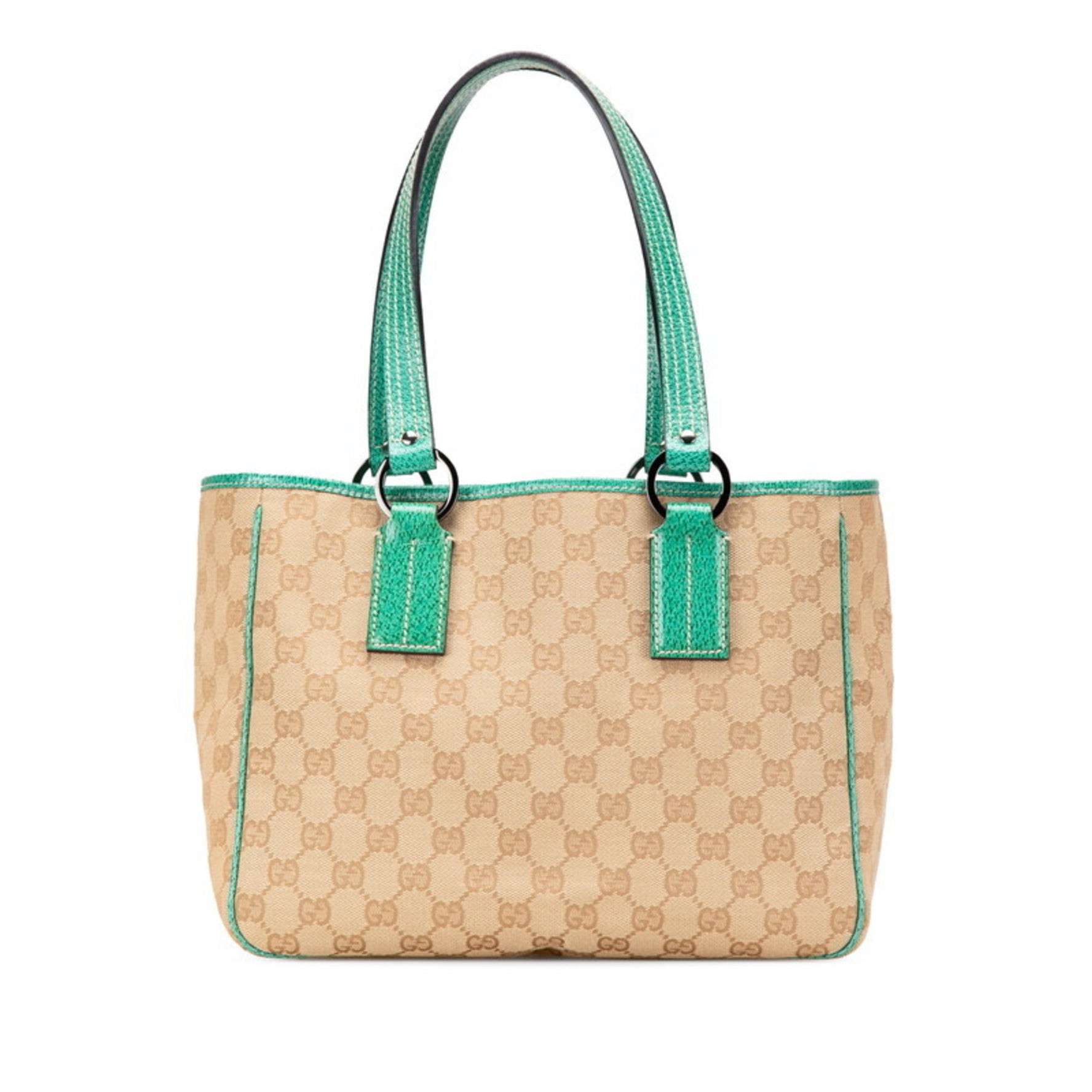 Gucci GG Canvas Tote Bag Beige Emerald Green Leather