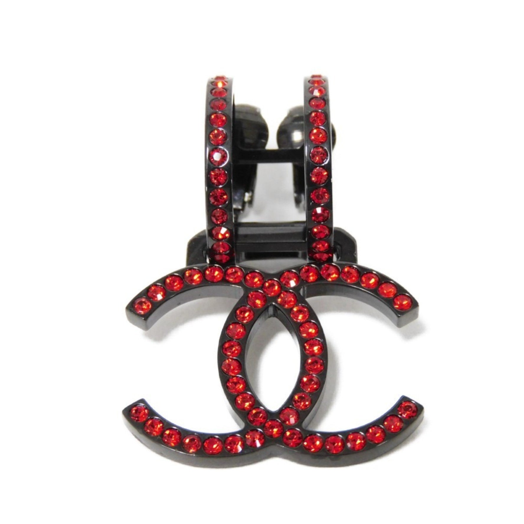 CHANEL Earrings Crystal Coco Mark Swing Rhinestone One Ear B17S Clip CC Clear Red Women's