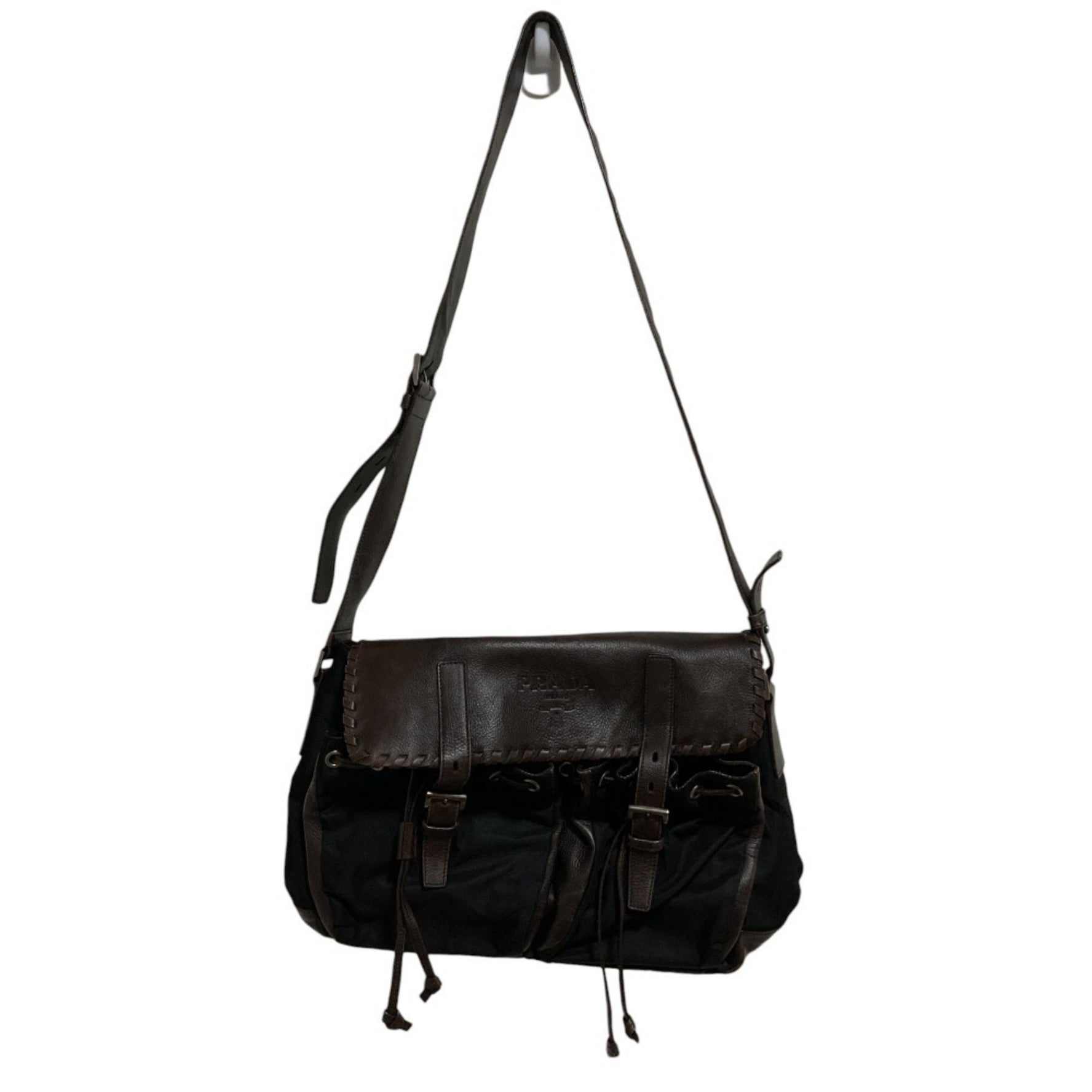 PRADA Leather and Nylon Shoulder Bag/Messenger Bag Brown/Black Women